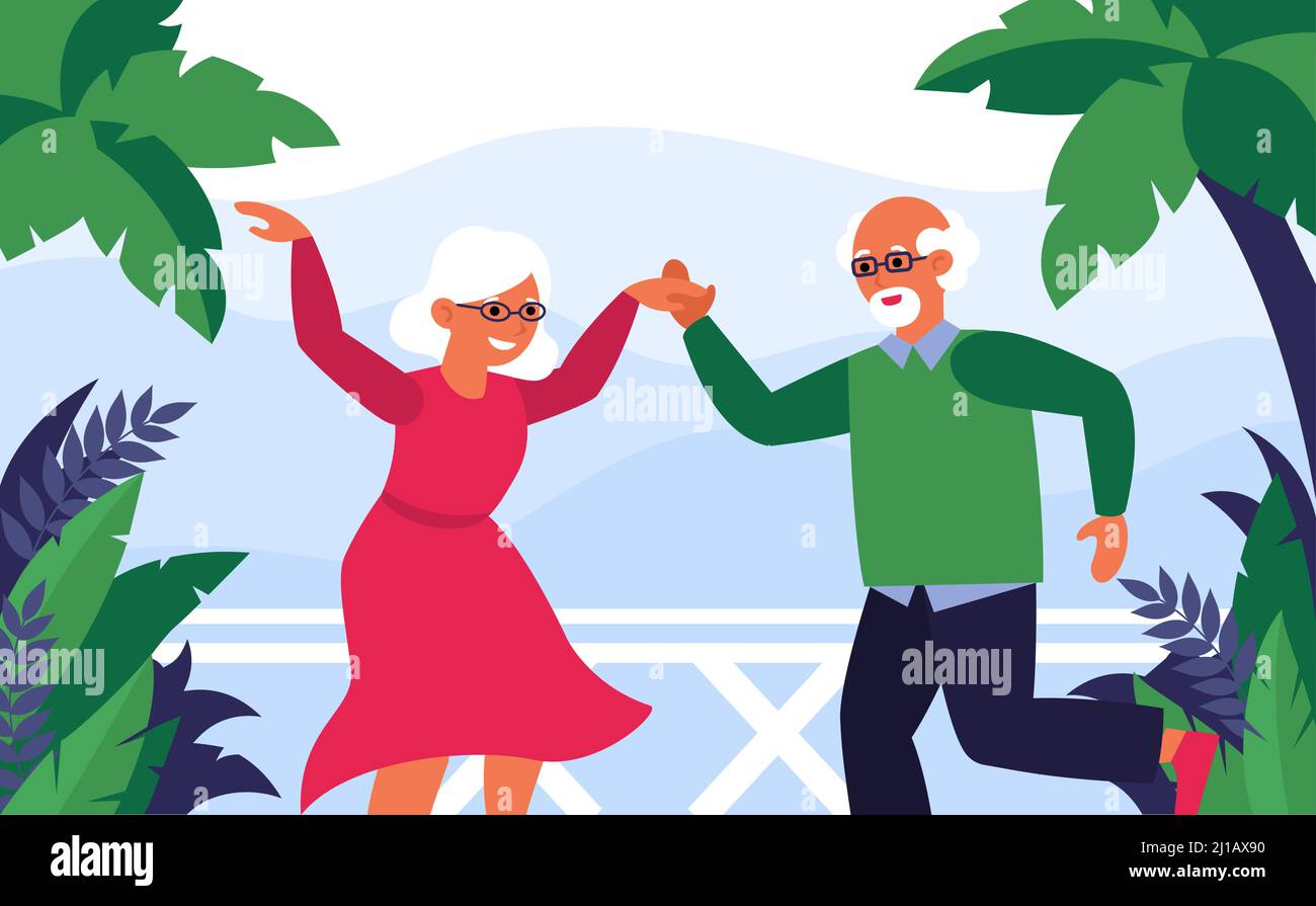 Old couple enjoying vacation and dancing. Tropical party, relationship, fun flat vector illustration. Retirement activity, lifestyle concept for banne Stock Vector