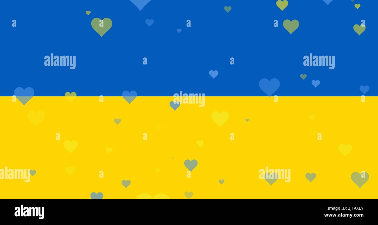 Image of blue and yellow hearts floating over flag of ukraine Stock Photo