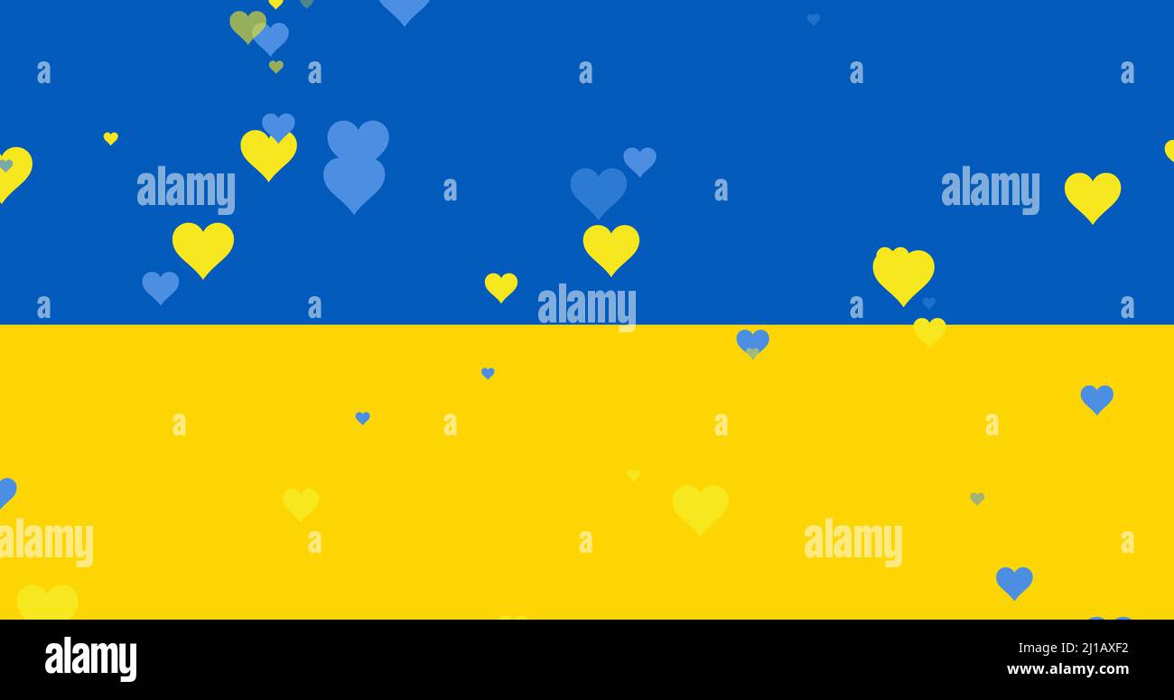 Image of blue and yellow hearts floating over flag of ukraine Stock Photo