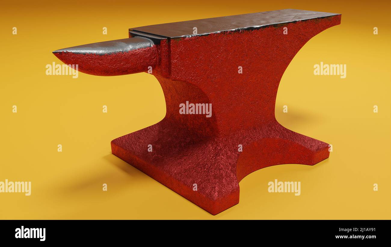 Red iron anvil over yellow studio background. Concept of crafts
