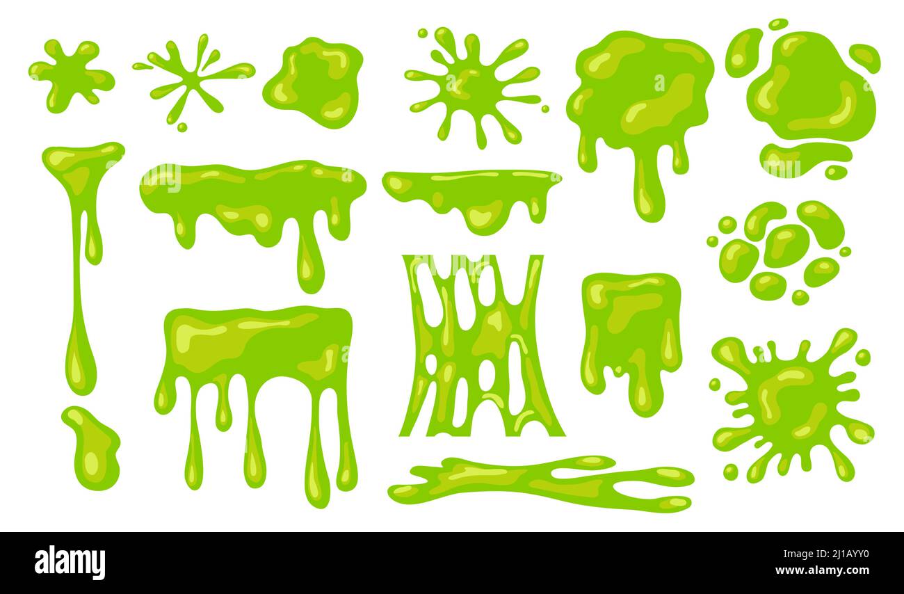 Slime splashes set. Green blobs of mucus or goo. Flat vector illustration, liquid abstract shapes isolated on white background Stock Vector
