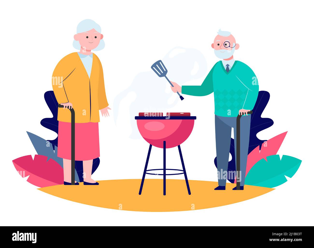 Senior couple cooking BBQ meat in garden. Old man with cane and spatula grilling steaks flat vector illustration. Leisure, summer, food concept for ba Stock Vector