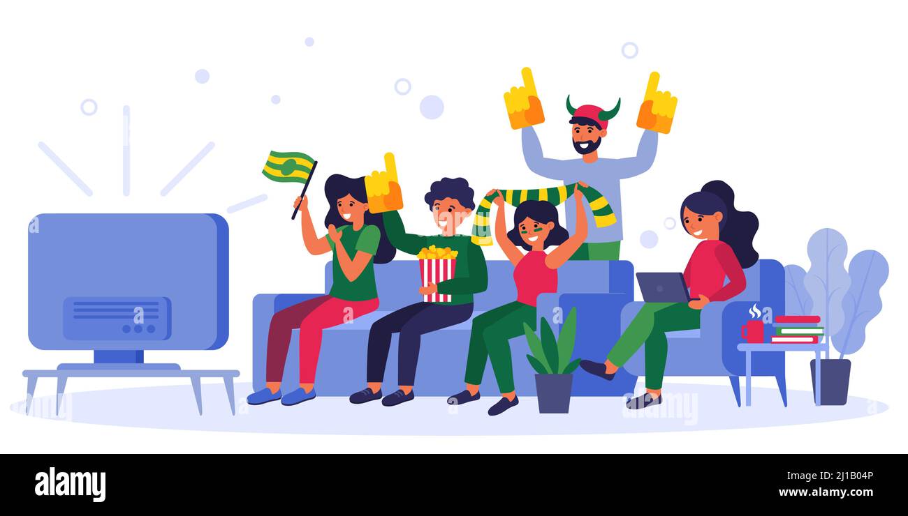 Sport fans watching match on TV. Friends with football club accessory  supporting team flat vector illustration. Sport fan club, leisure concept  for ba Stock Vector Image \u0026 Art - Alamy, image size:1300x740