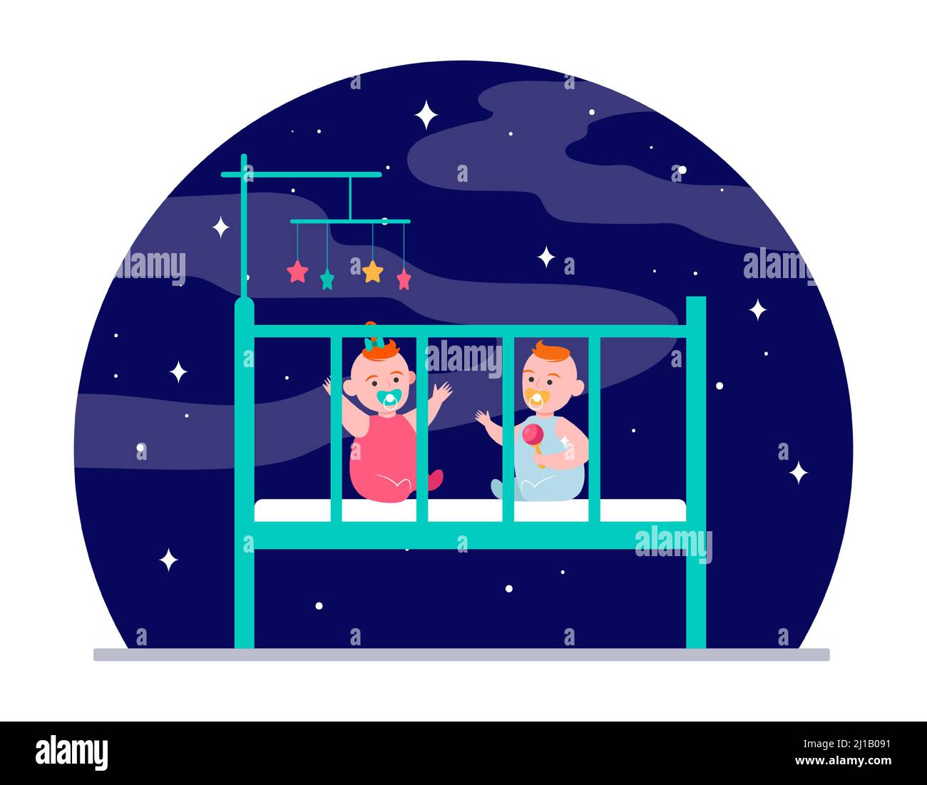 Twin babies playing in crib. Rattle toy, boy, girl, night flat vector