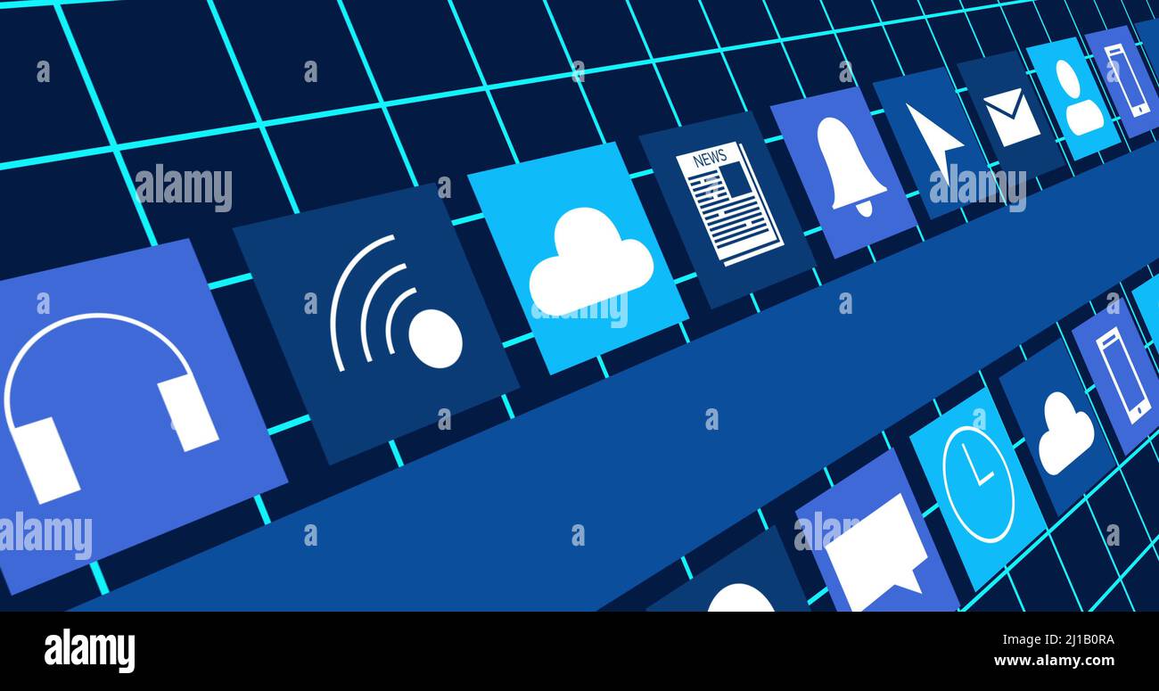 Image of digital online icons and blue stripe moving on grid and dark ...