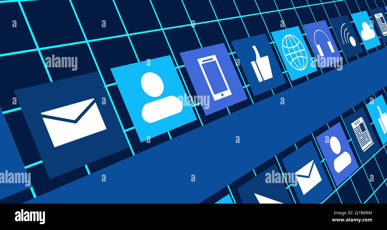 Image of digital online icons and blue stripe moving on grid and dark ...