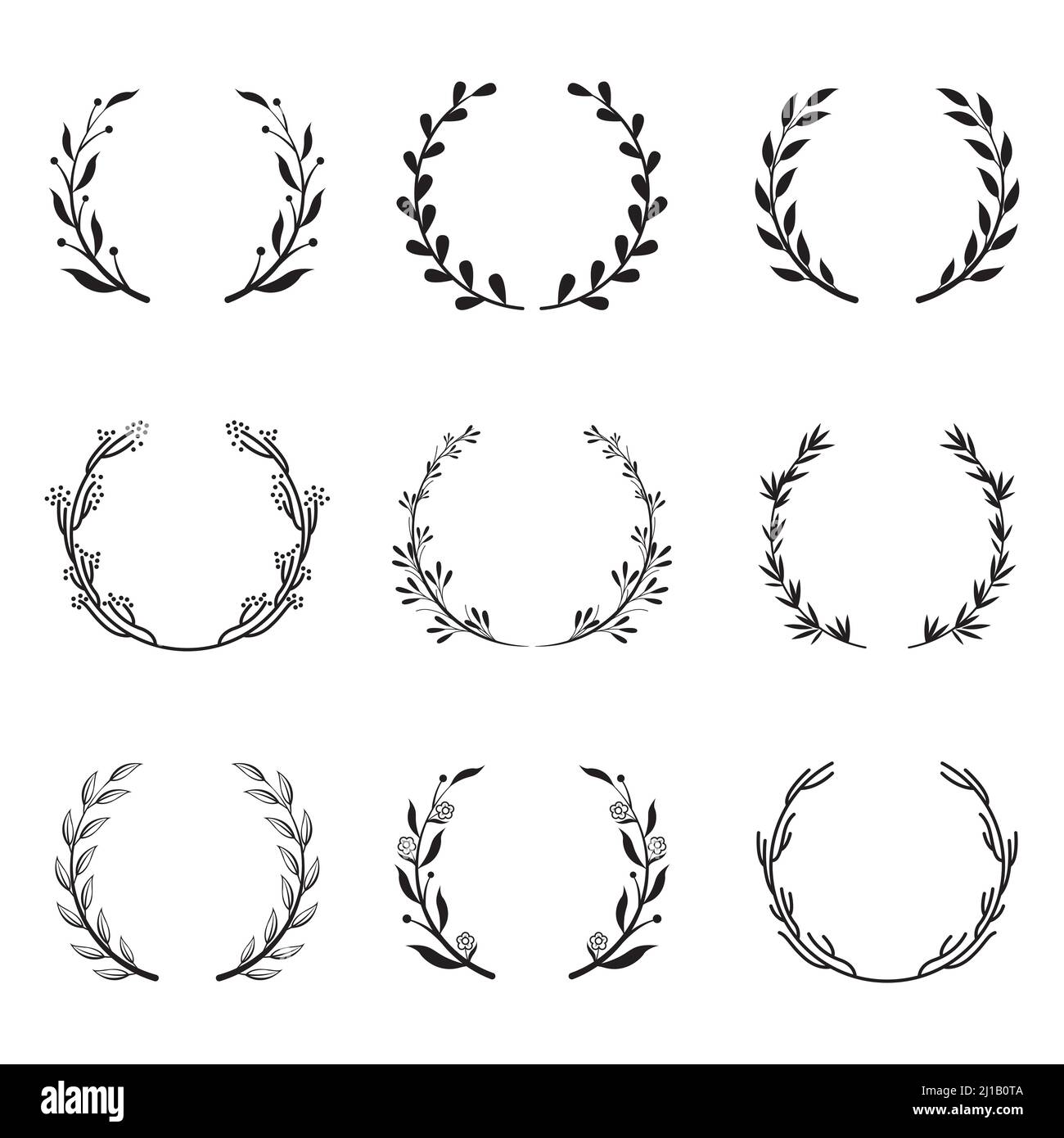 Various round floral and laurel frames set. Branch wreathes, olive ...