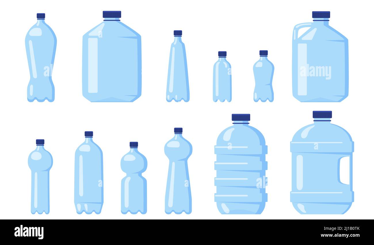Various water plastic bottles flat icon set. Beverage different packaging and liter containers isolated vector illustration collection. Consumption an Stock Vector
