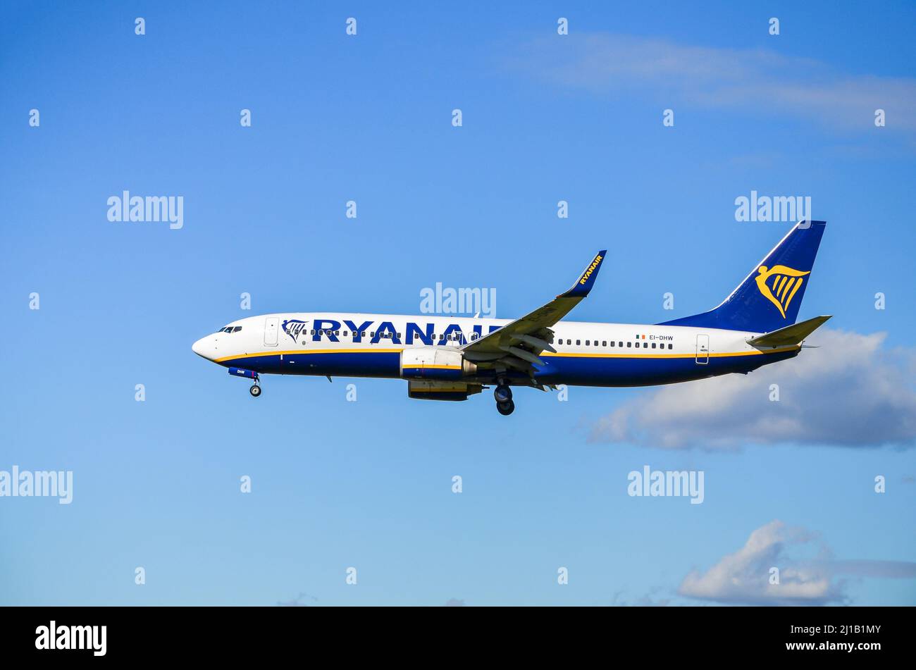 Barcelona, Spain; November 1, 2021 Ryanair Boeing 737 plane, landing at Josep Tarradellas