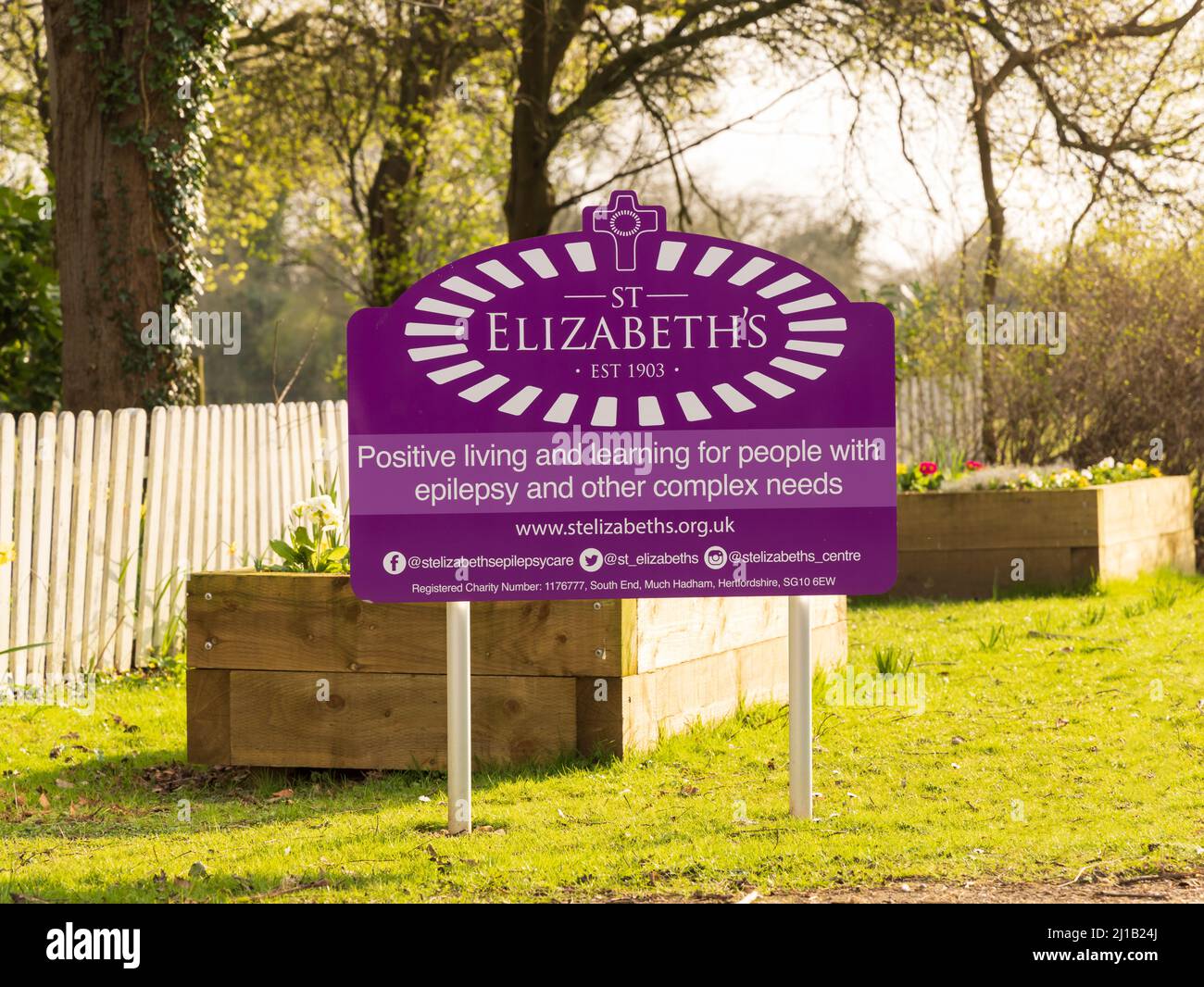 Sign at the entrance of St Elizabeth's Centre for people with Epilepsy and other complex needs. Perry Green, Much Hadham. Hertfordshire. UK Stock Photo