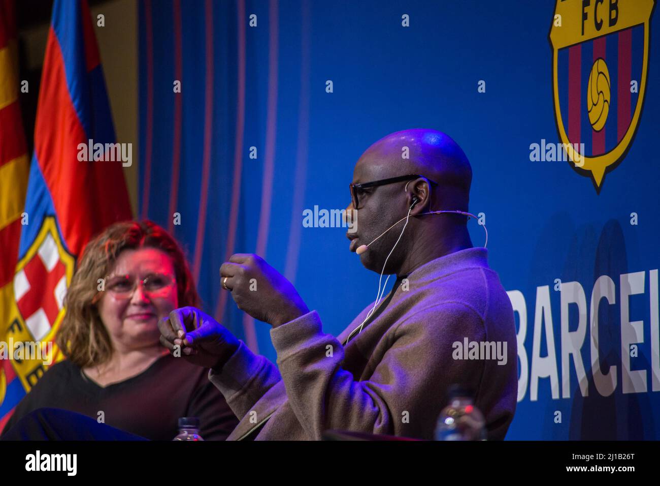 Lilian Thuram (R), former FC Barcelona player and founder of the Lilian Thuram Foundation for Education against Racism is seen speaking Rita Marzoa (L), journalist and moderator of the FC Barcelona event, 'Sport as a tool for social inclusion”. The Public Diplomacy Council of Catalonia, DIPLOCAT and the FC Barcelona Foundation have organized an event on sport as a tool for social inclusion, being opened with a talk with Lilian Thuram, former French FC Barcelona player and creator of the Lilian Thuram Foundation for Education against Racism, who spoke about education and racism in the context o Stock Photo
