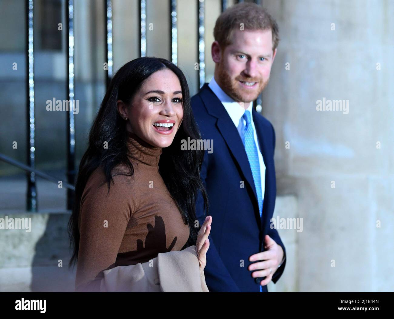 File photo dated 7/1/2020 of he Duke and Duchess of Sussex leaving after their visit to Canada House, central London. The Duchess has unveiled her first Spotify series - a podcast about female stereotypes, in which she vows to investigate 'labels that try to hold women back'. Archetypes will launch this summer, hosted by Meghan who will speak to historians, experts and woman who have experienced being typecast. Issue date: Thursday March 24, 2022. Stock Photo
