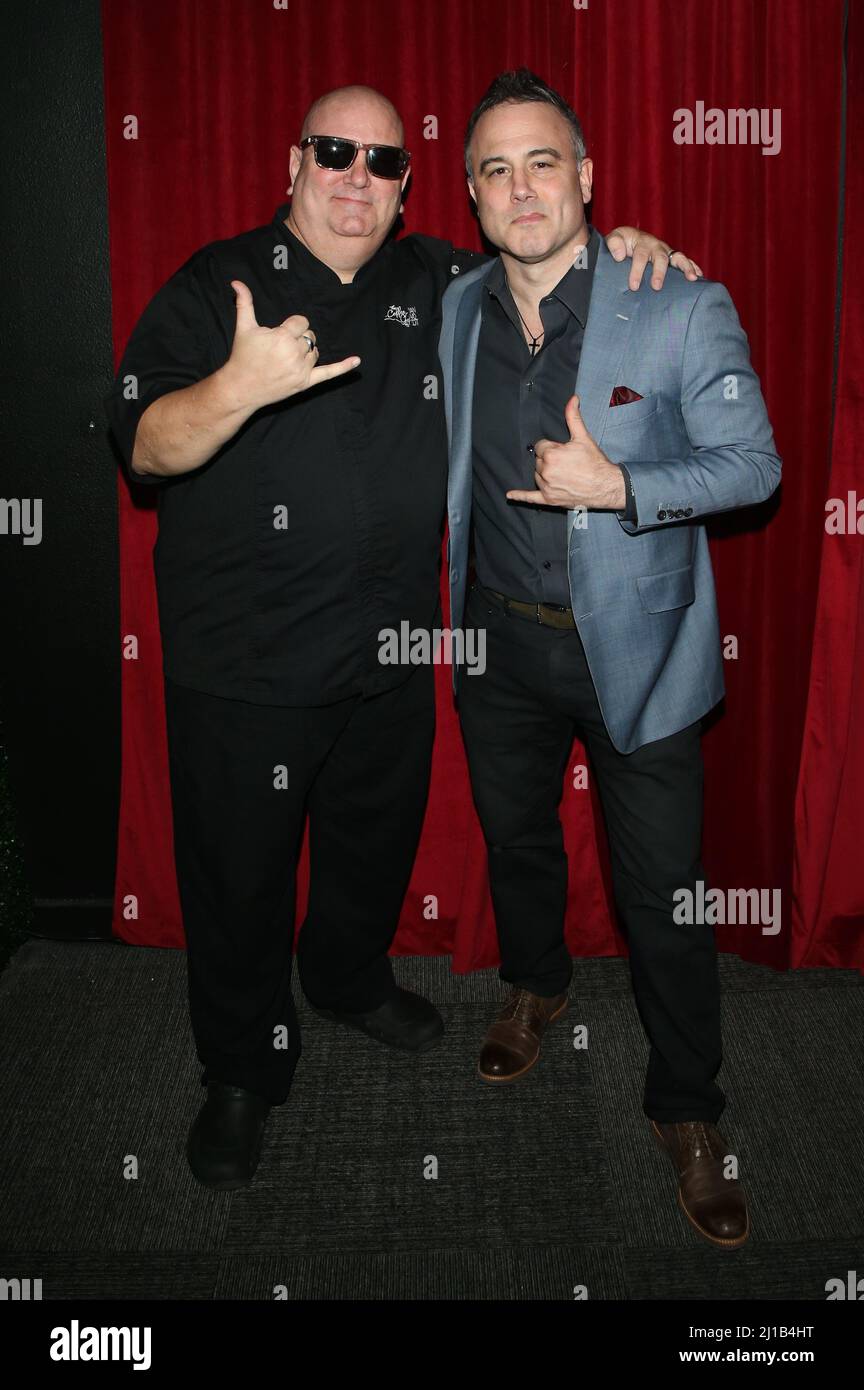 Chef Bryan-David Scott (L) and Linchpin Entertainment Marketing, President and founder, Mark Messina attend Messina's birthday celebration at the INDUSTRIAL Event Space. Celebrities and guests attend President and founder of Linchpin Entertainment marketing Mark Messina birthday celebration at INDUSTRIAL Event Space. (Photo by Gabe Ginsberg / SOPA Images/Sipa USA) Stock Photo