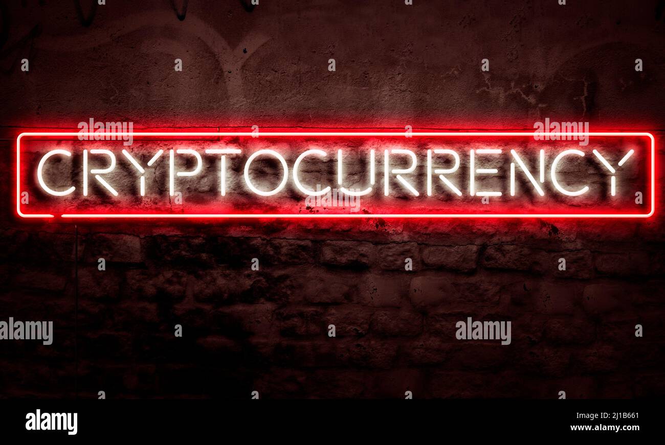Cryptocurrency Conceptual Graphic Digital Decentralized Currency Neon Sign On Brick Stock Photo
