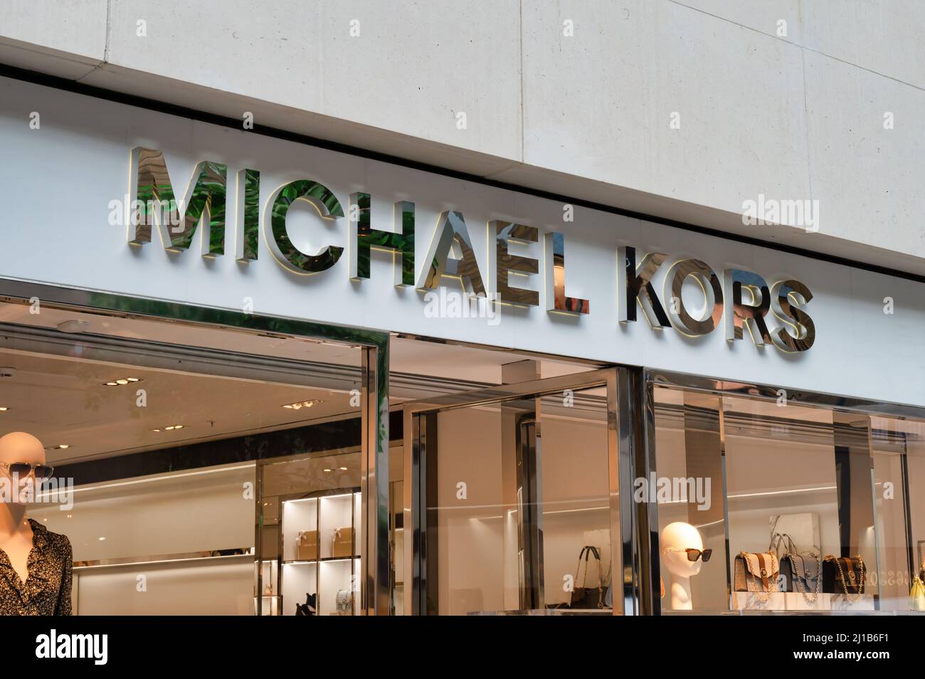 Belfast, UK- Feb 21, 2022:The sign for Michael Kors store in Belfast Northern Ireland. Stock Photo