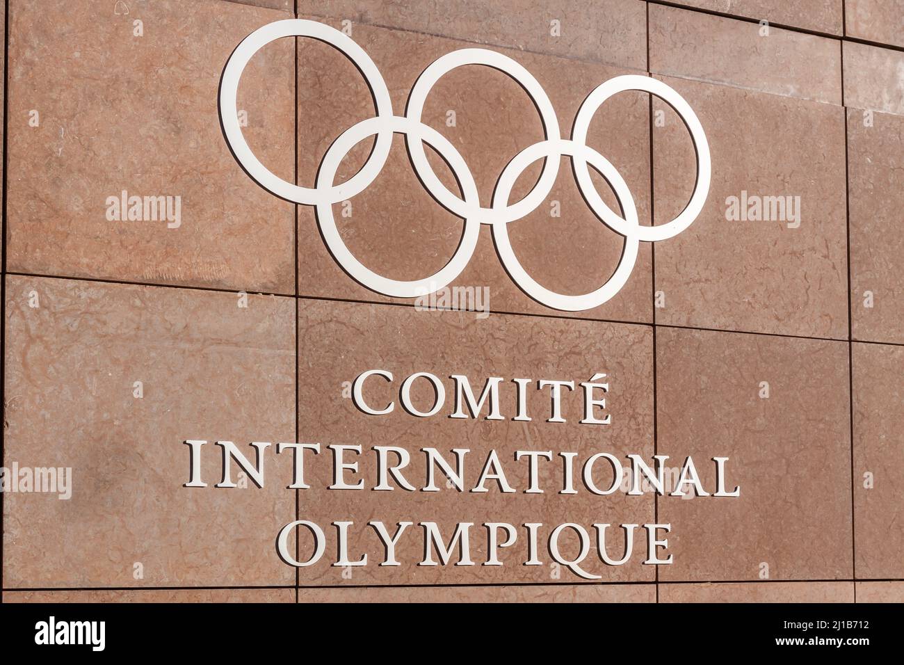 HEADQUARTERS OF THE INTERNATIONAL OLYMPIC COMMITTEE IN LAUSANNE, OLYMPIC RINGS, LOGO OF THE IOC, SPORT, OLYMPICSM, LAUSANNE, CANTON OF VAUD, SWITZERLAND Stock Photo