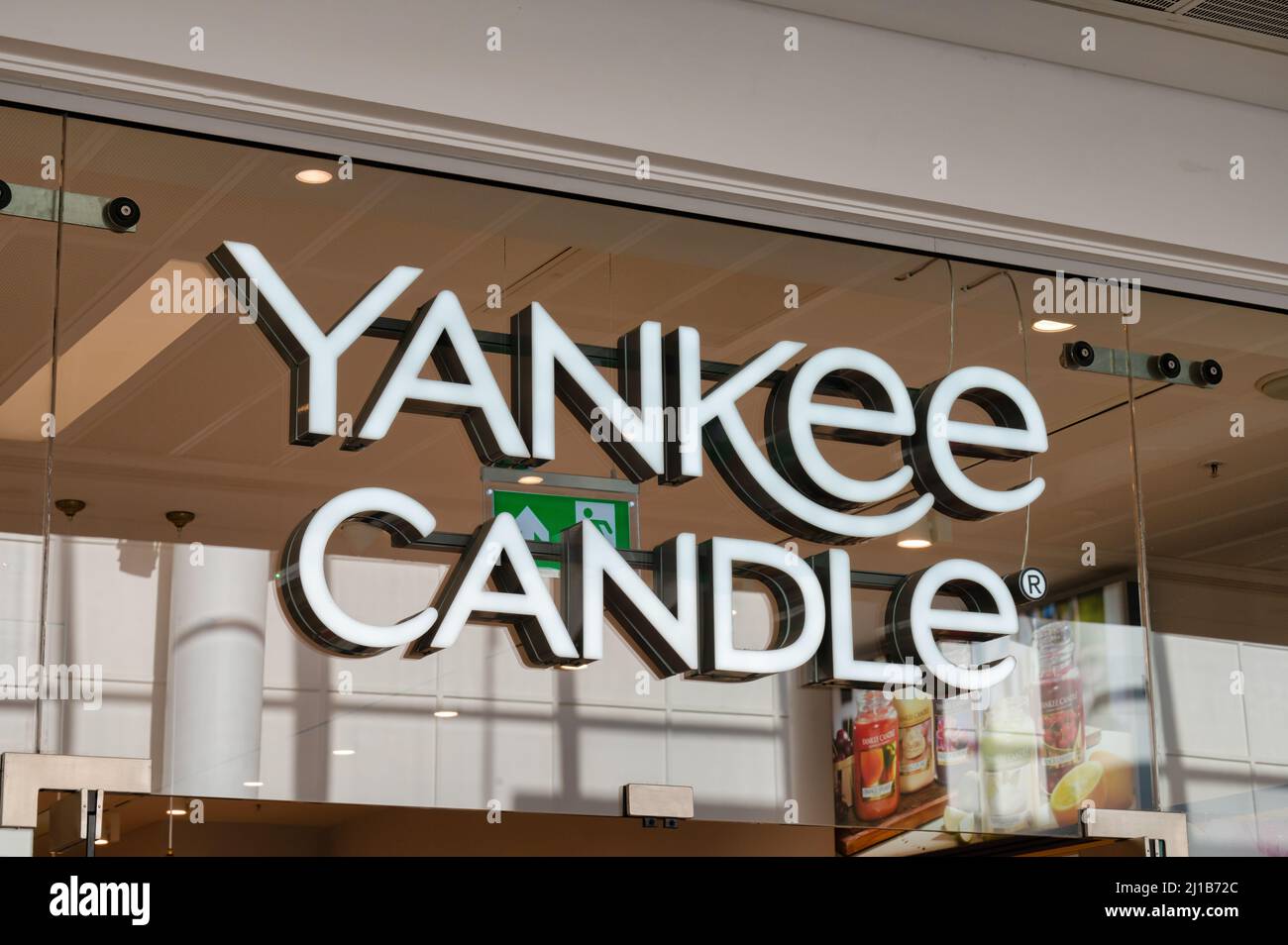 Belfast, UK- Feb 21, 2022:The sign for Yankee Candle in Belfast Northern Ireland. Stock Photo