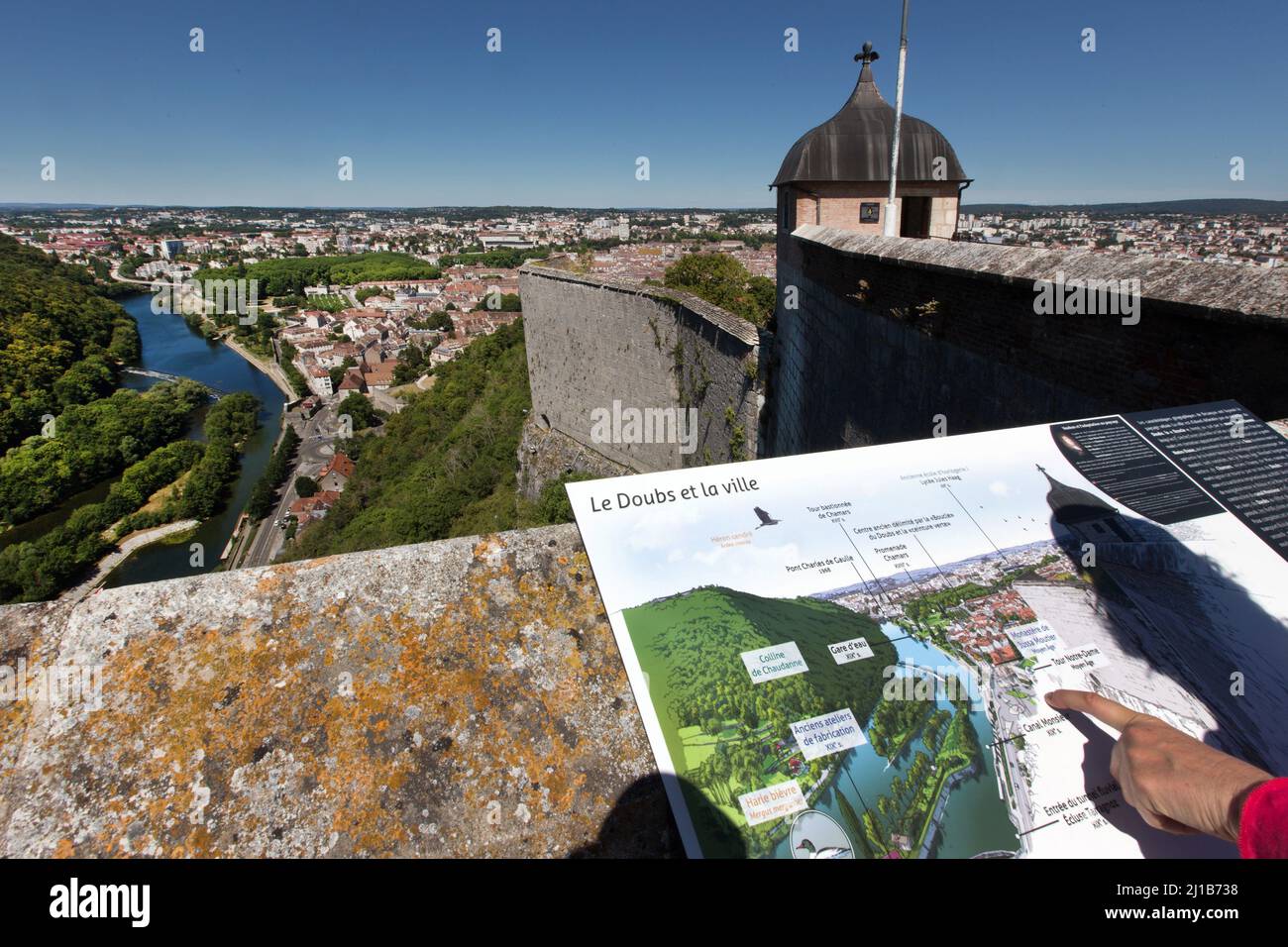 VIEW FROM THE TOP OF THE CITADEL'S RAMPARTS OVER THE CITY OF BESANCON AND THE CHAUDANNE HILL CROSSED BY THE DOUBS RIVER, BESANCON, (25) DOUBS, REGION BOURGOGNE-FRANCHE-COMTE, FRANCE Stock Photo