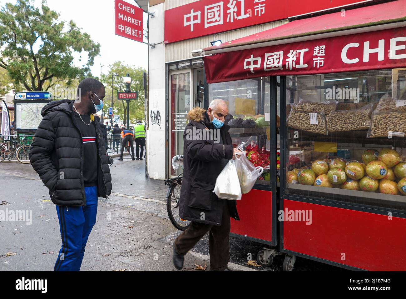 CHINESE NEIGHBORHOOD AT THE EXIT OF THE BELLEVILLE METRO STATION, PARIS 20TH ARRONDISSEMENT, FRANCE Stock Photo