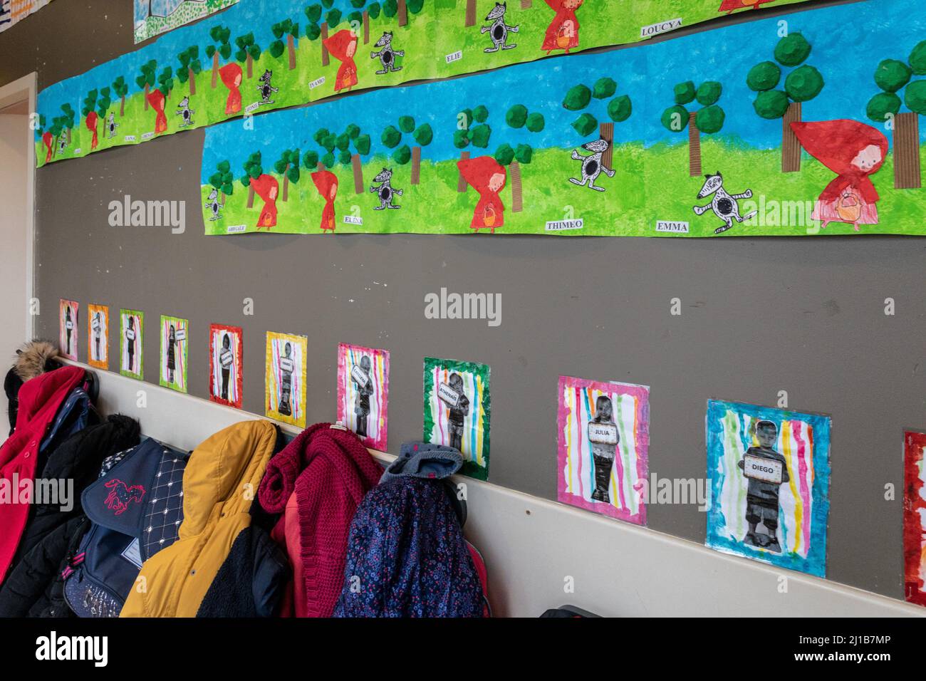 COAT WITH THE CILD'S FIRST NAME, NURSERY SCHOOL, CHARENTE-MARITIME, FRANCE Stock Photo