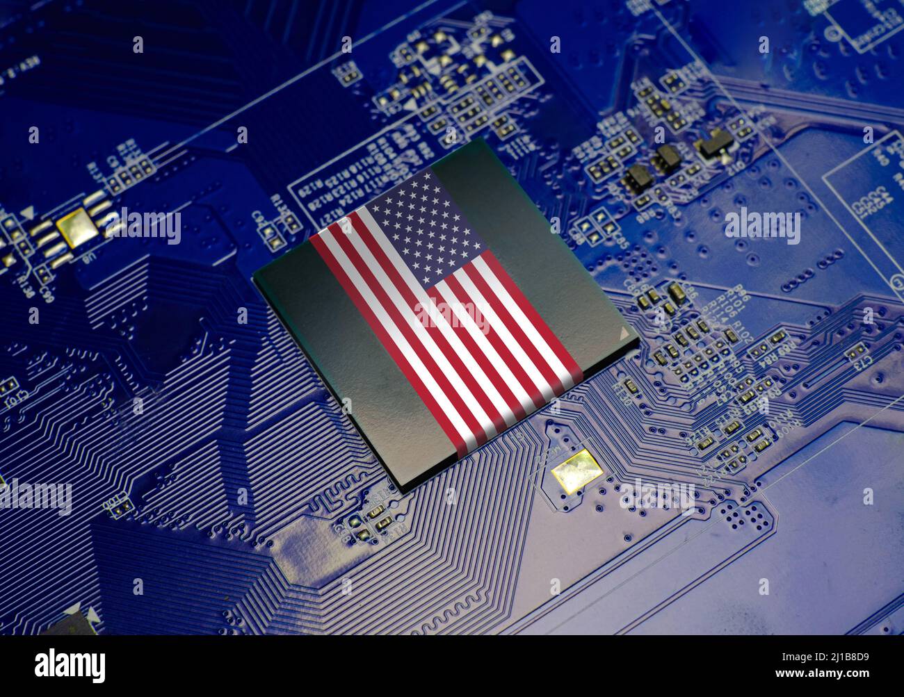 USA flag on CPU operating chipset computer electronic circuit board