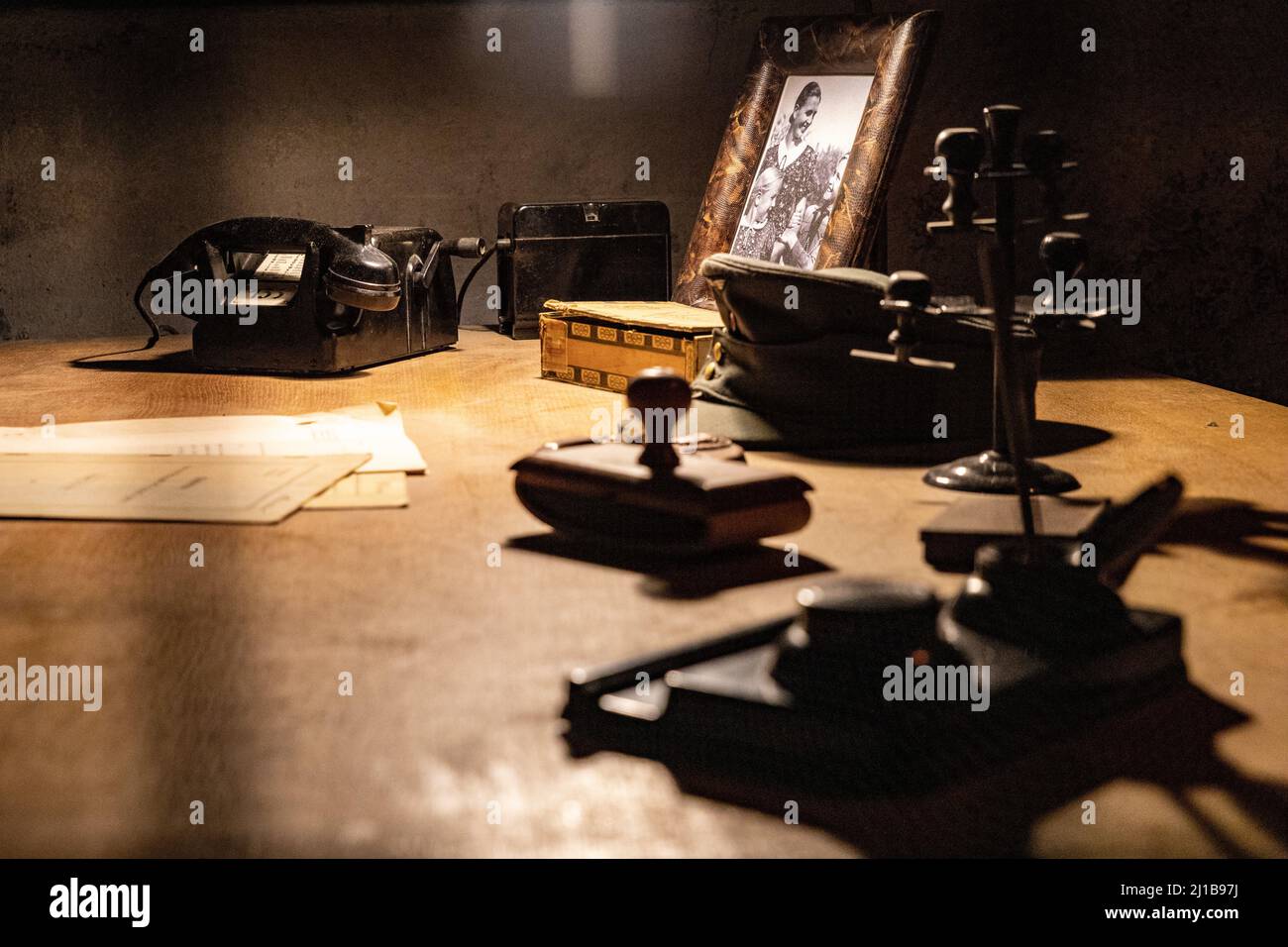 GENERAL RICHTER'S OFFICE INSIDE HIS UNDERGROUND BUNKER, CAEN MEMORIAL, CALVADOS, NORMANDY, FRANCE Stock Photo