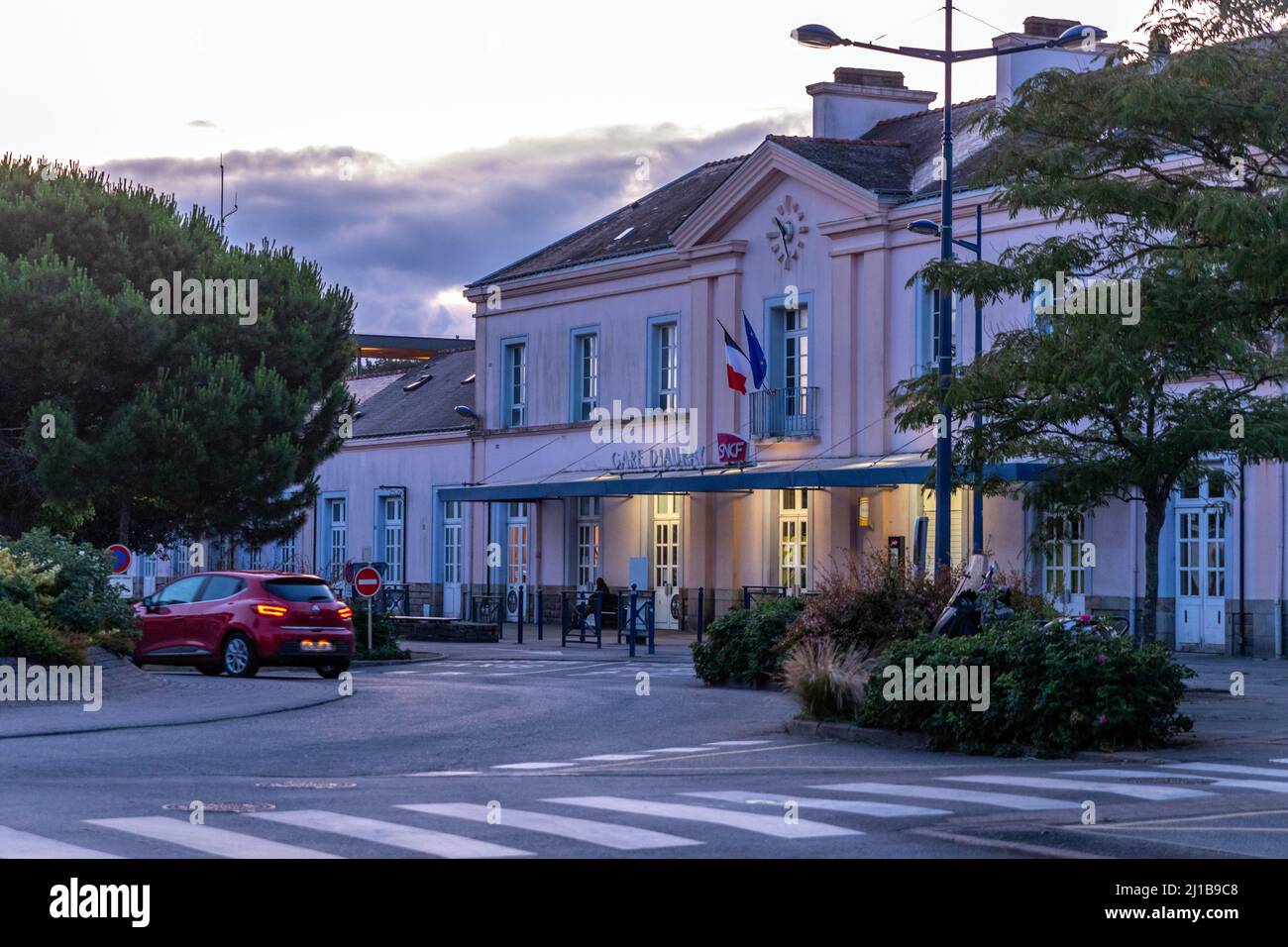TRAIN STATION OF AURAY AT NIGHTFALL, MORBIHAN, BRITTANY, FRANCE Stock Photo
