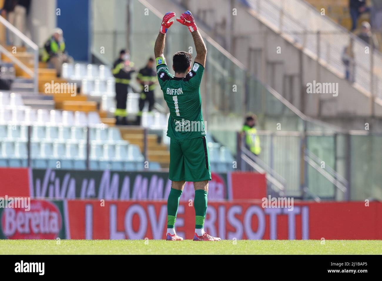 Parma, Italy. 26th Feb, 2022.  Gianluigi Buffon of Parma Calcio reacts during the Serie B match between Parma Calcio and Spal at Ennio Tardini Stadium Stock Photo