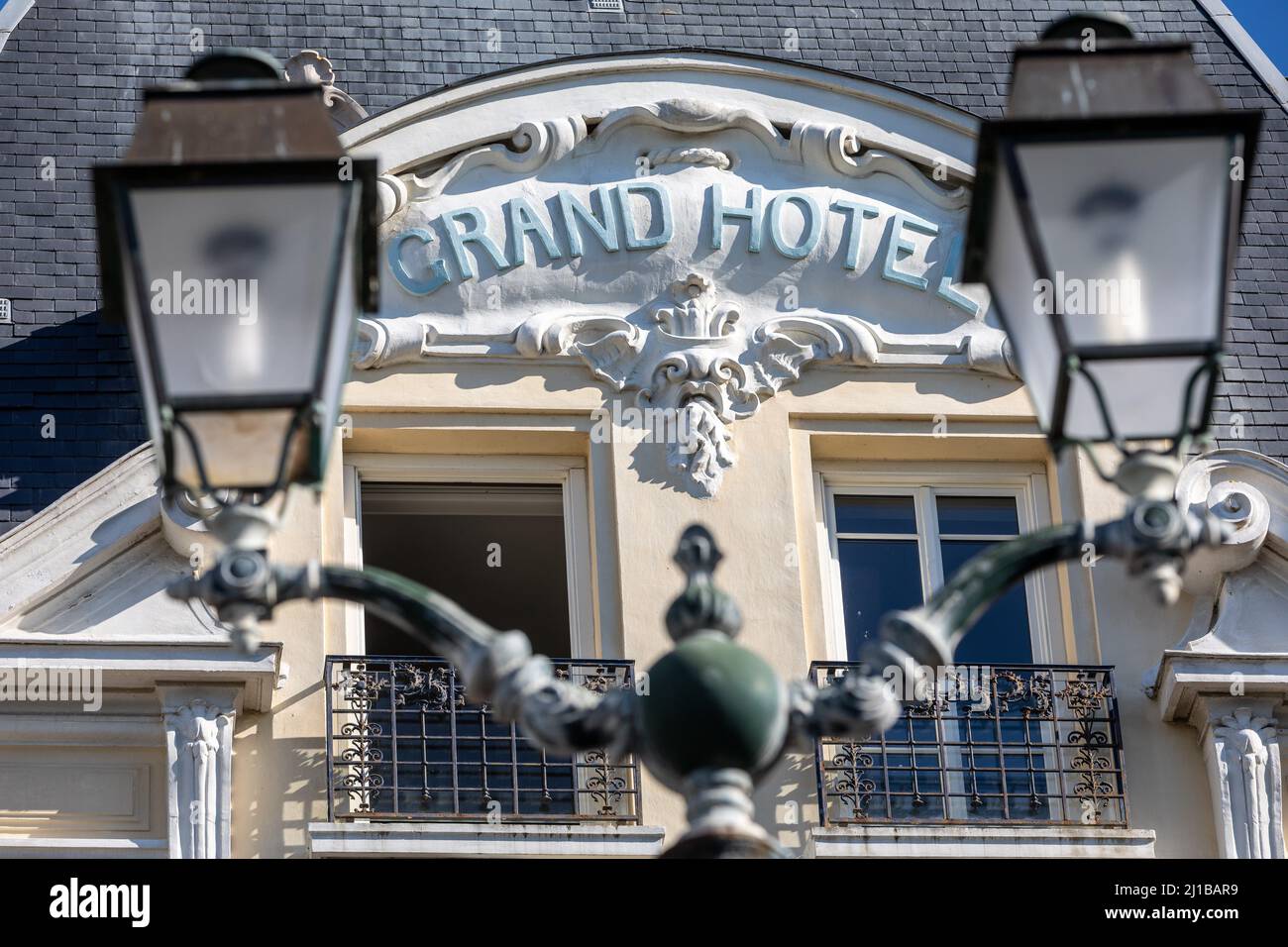 WINDOW AND BALCONY OF THE GRAND HOTEL, CABOURG, CALVADOS, NORMANDY, FRANCE Stock Photo