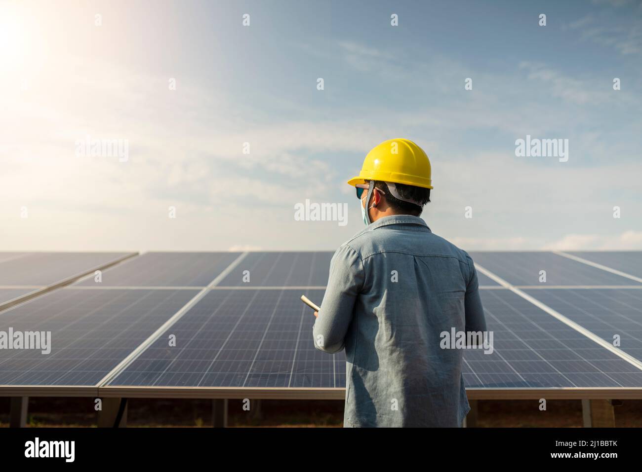 Renewable Energy Power Plant Technician, Solar Panel in Thailand Stock Photo