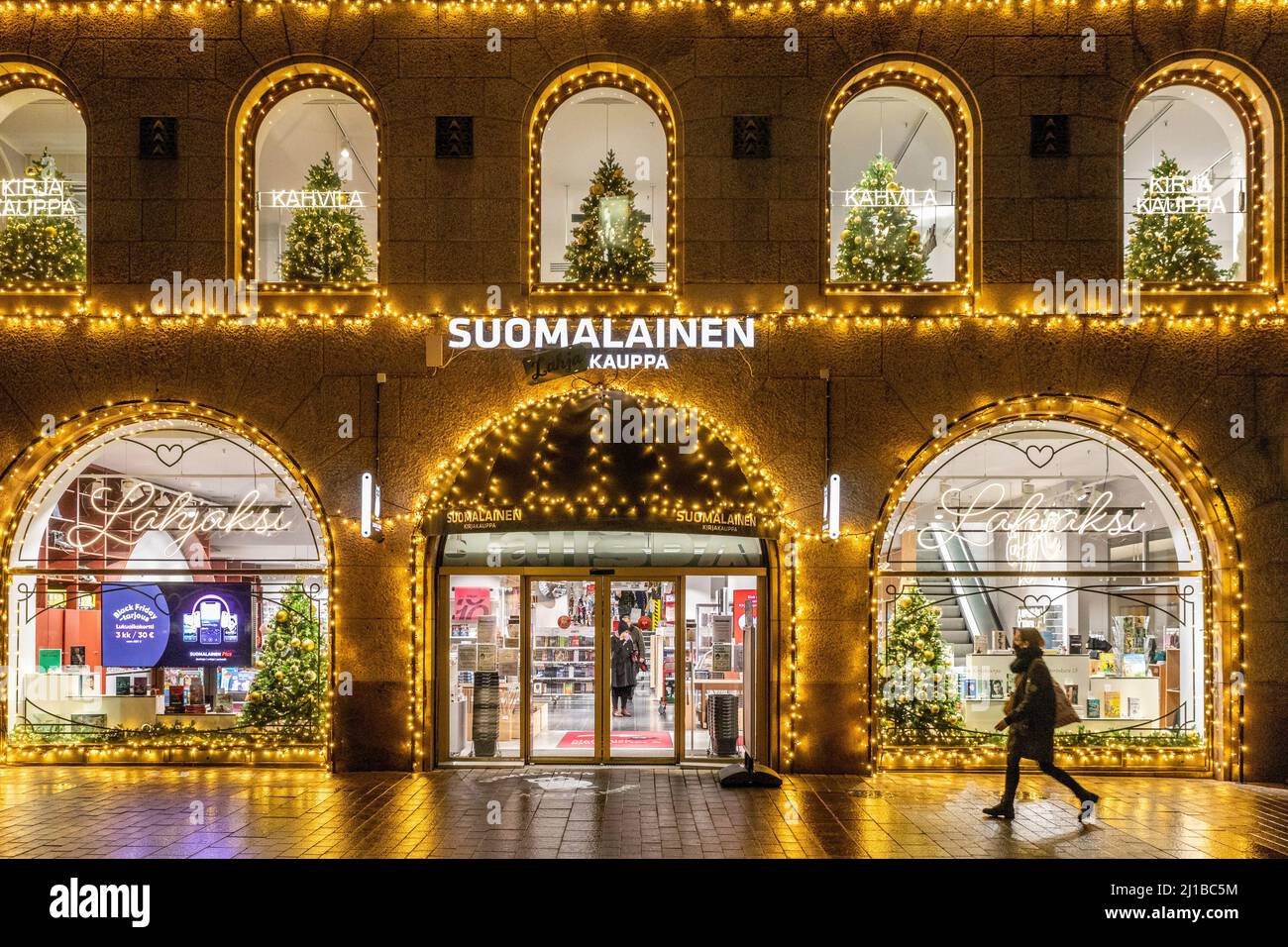 CHRISTMAS DECORATIONS AT THE FINNISH BOOKSTORE SUOMALAINEN KAUPPA, HELSINKI, FINLAND, EUROPE Stock Photo