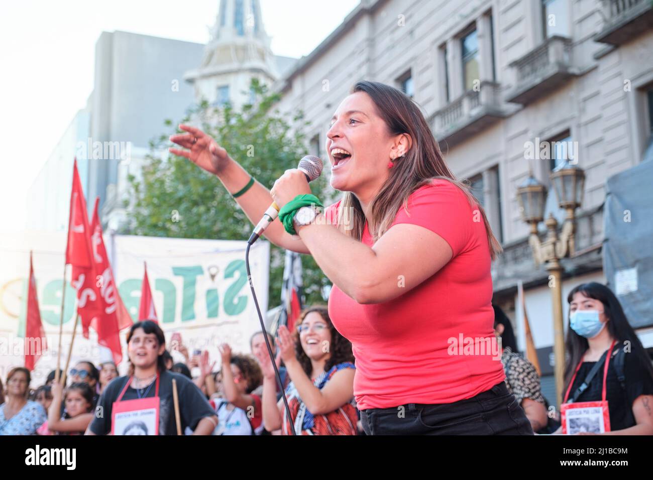 Buenos Aires, Argentina; March 8, 2022: Manuela Castaneira, national leader of Nuevo MAS and Las Rojas, cheering a group of women during the national Stock Photo