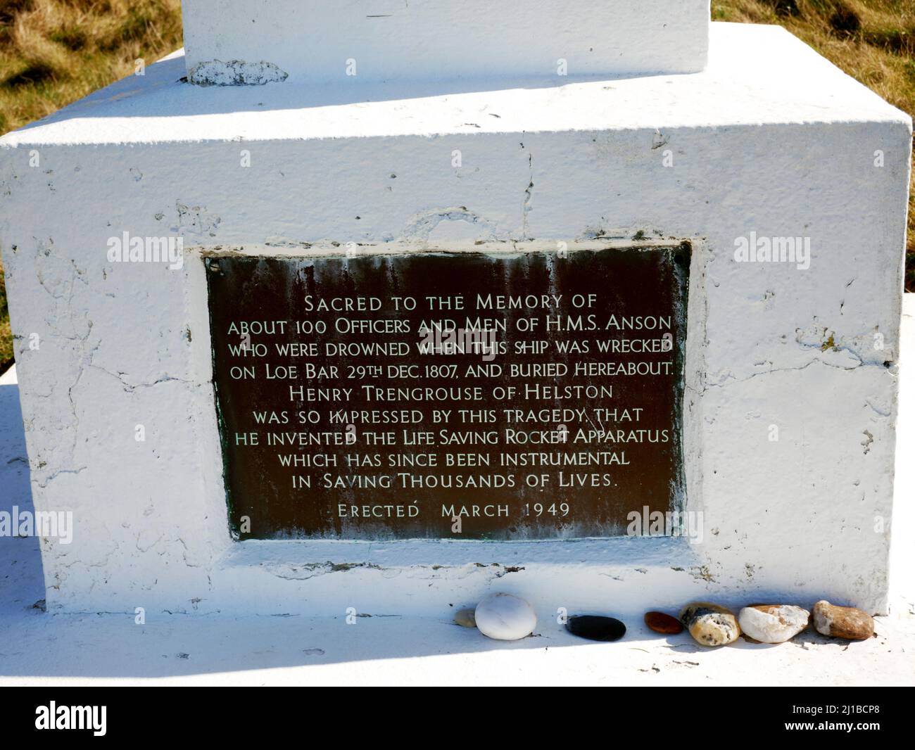 Plaque on memorial to HMS Anson at Loe Bar, Cornwall. Stock Photo