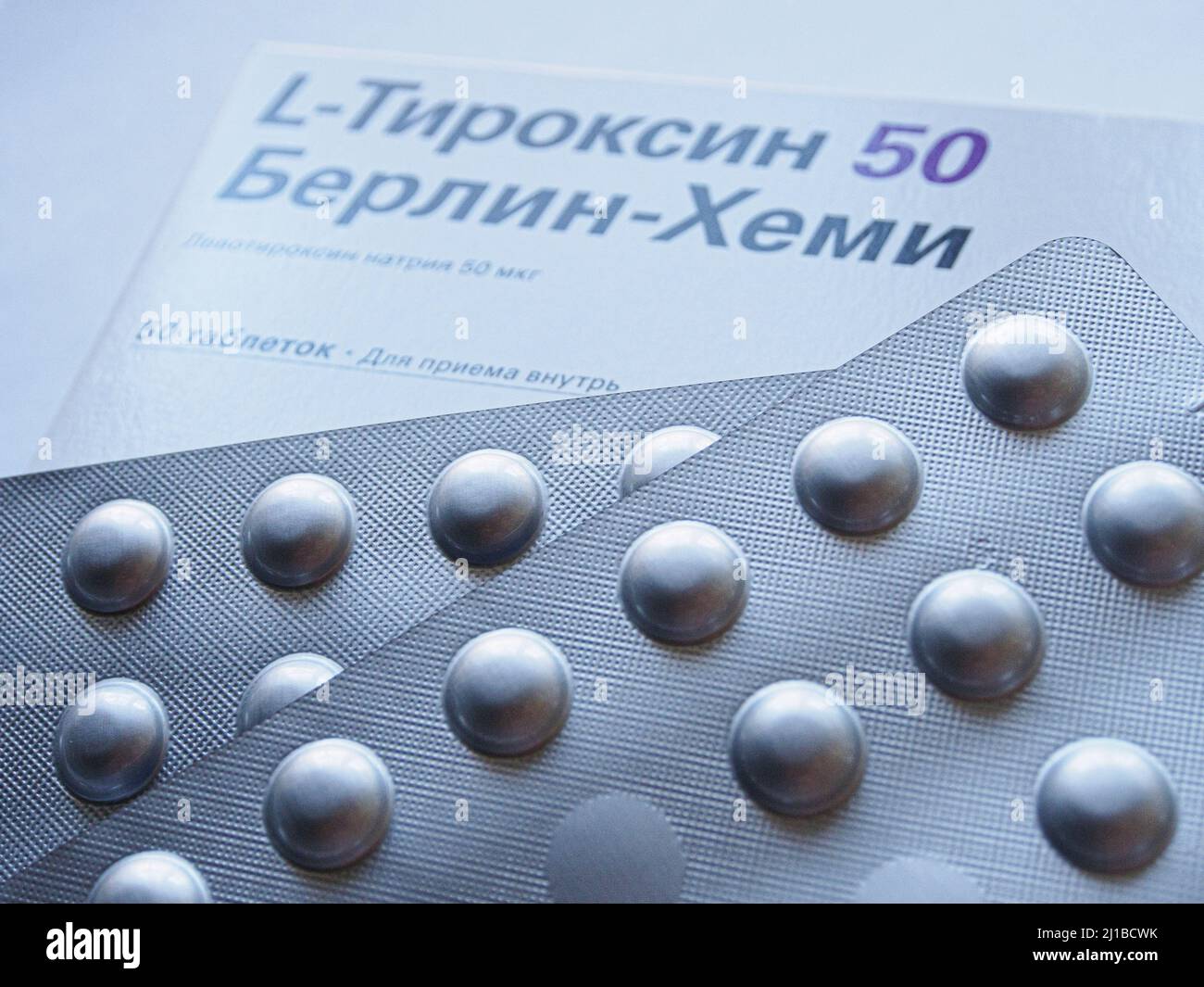 Moscow, Russia. 24th Mar, 2022. Blister packs with L-thyroxine tablets seen  displayed on a table. Visitors to pharmacies in Russia have encountered  difficulties in purchasing drugs Eutirox and L-thyroxine (Levothyroxine -  thyroid