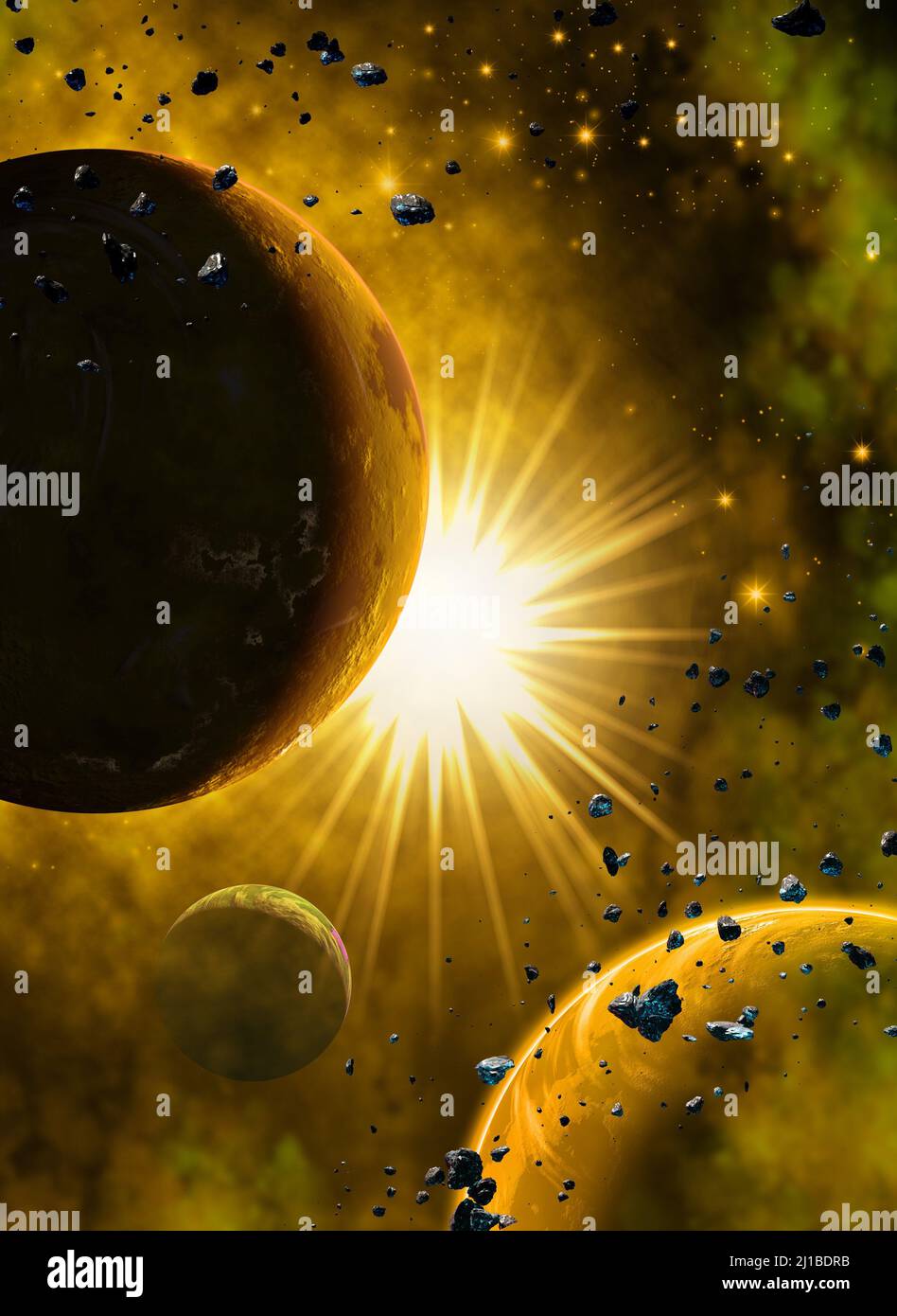 sun and planets in space, 3d rendering, nebula and stars Stock Photo