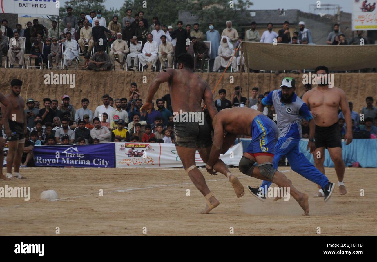 March 23, 2022, Rawalpndi, Punjab, Pakistan: Kabaddi is a popular and beloved sport in Pakistan and India. The game is played in every village in both the countries. Kabaddi is a combination of wrestling, karate, athletics and running. Kabaddi is mostly played in Punjab. The first Kabaddi World Cup was held in 2010 which was won by India. The second World Cup was held in 2011, the third in 2012, the fourth in 2013 and the fifth in 2014 which is still being won by India. The recent Kabaddi World Cup was held in February 2020 in Pakistan. Which Pakistan won and Pakistan defeated defending champi Stock Photo