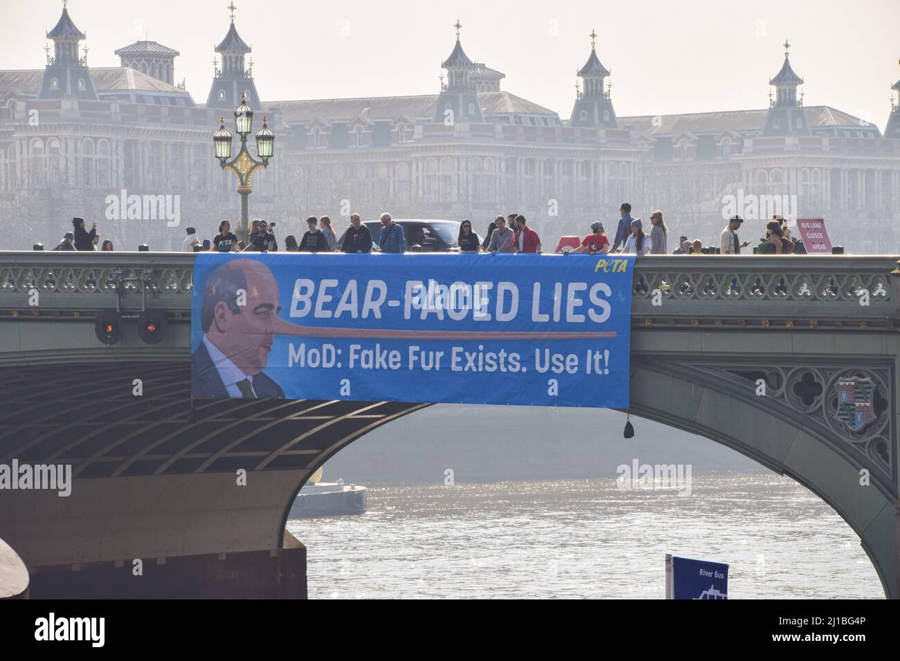 London, UK. 24th March 2022. PETA activists hung a huge banner on Westminster Bridge calling out the Ministry of Defence and defence minister Ben Wallace for misleading the public about the suitability of faux bear fur for Queen’s Guards’ caps and the killing of bears for the caps. Currently, the MOD uses real bear fur to make the caps, and it takes one bear to make just one cap. PETA helped develop a suitable faux fur alternative, which the MOD has so far refused to use. Credit: Vuk Valcic/Alamy Live News Stock Photo