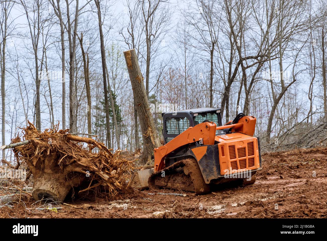 Tractor or skid steer clearing land from roots for building housing