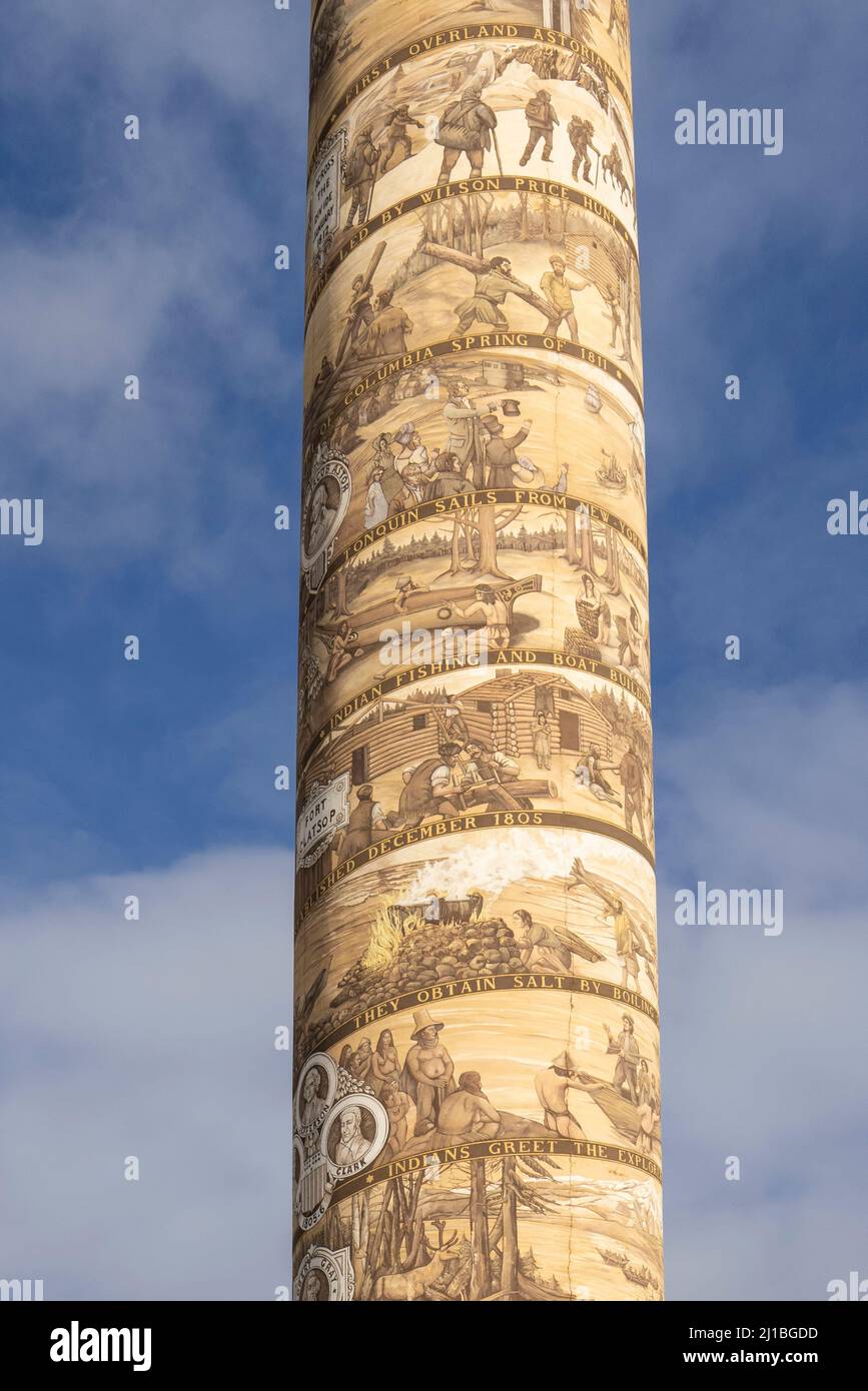 The Astoria Column is a tower in the northwest United States, overlooking the mouth of the Columbia River on Coxcomb Hill in Astoria, Oregon. Built in Stock Photo
