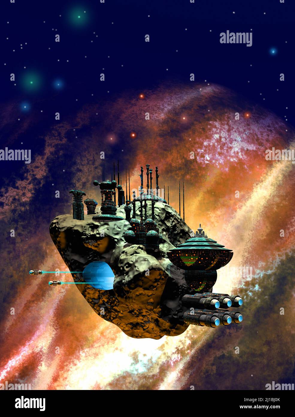 spaceship and space station inside an asteroid, nebula and stars in the  background, 3d illustration Stock Photo - Alamy