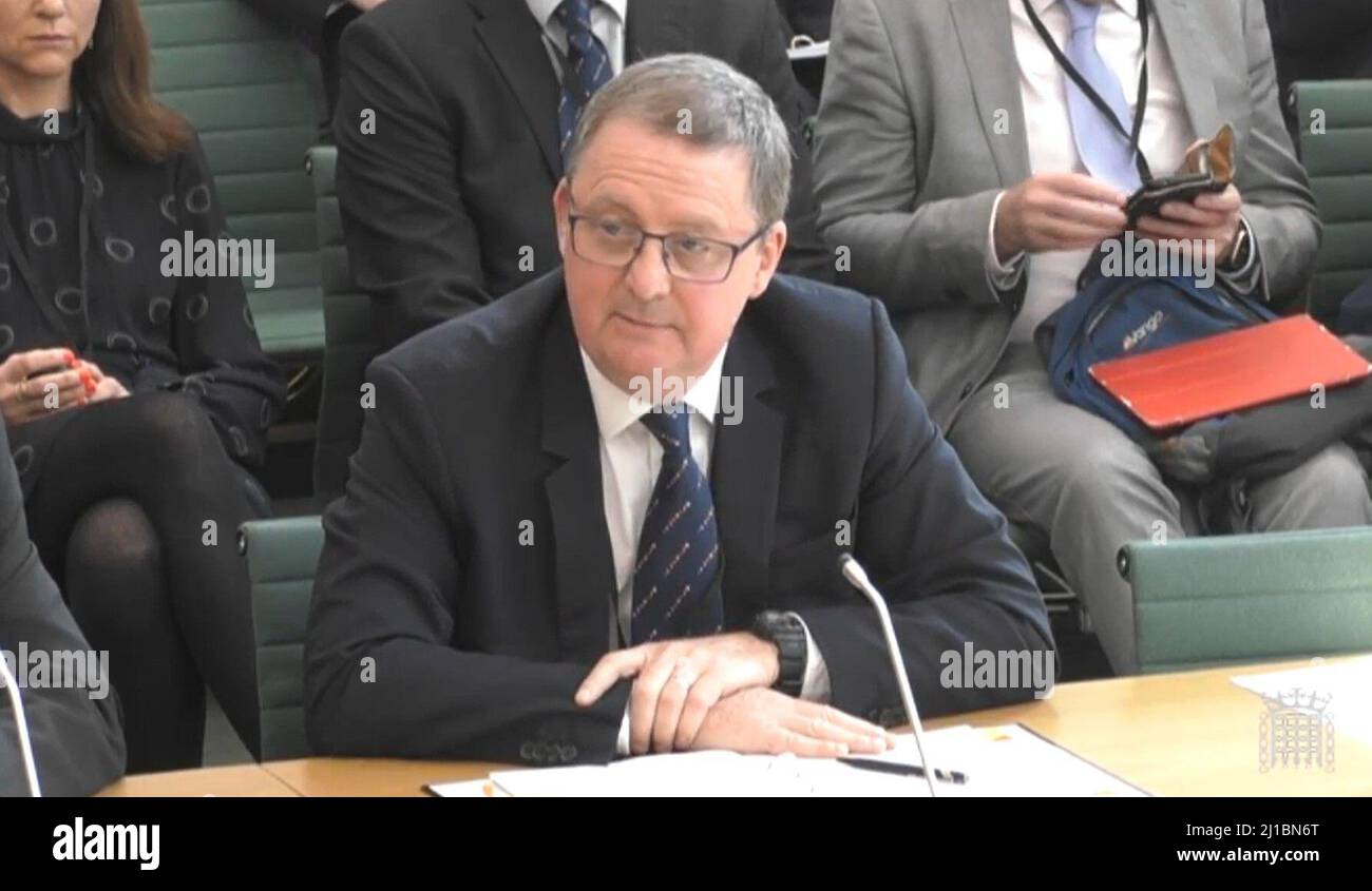 Mark Dickinson, General Secretary, Nautilus International, answering questions in front of the Transport Committee and Business, Energy and Industrial Strategy Select Committee in the House of Commons, London, on the subject of P&O Ferries after the ferry giant handed 800 seafarers immediate severance notices last week. Picture date: Thursday March 24, 2022. Stock Photo