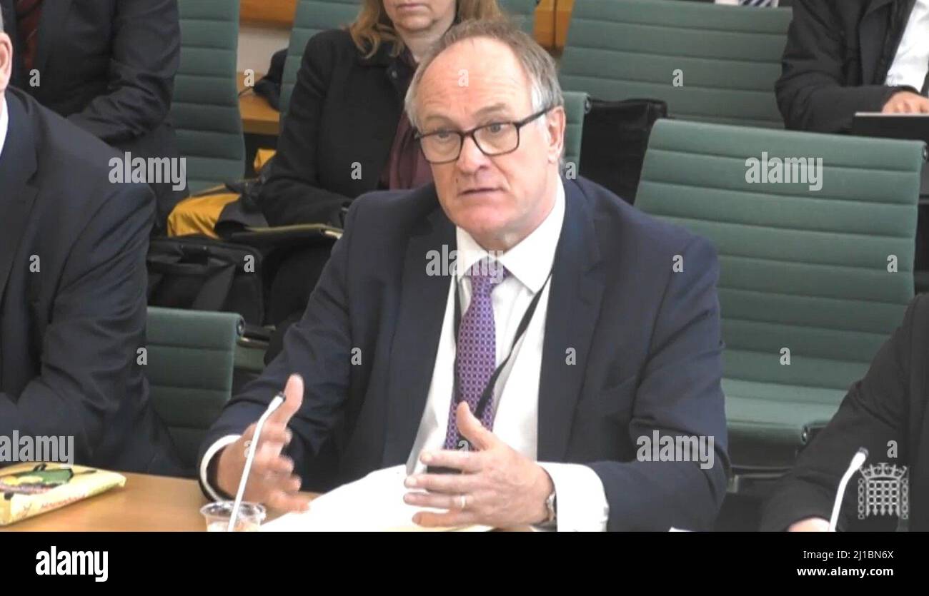 Brian Johnson, Chief Executive, Maritime and Coastguard Agency, answering questions in front of the Transport Committee and Business, Energy and Industrial Strategy Select Committee in the House of Commons, London, on the subject of P&O Ferries after the ferry giant handed 800 seafarers immediate severance notices last week. Picture date: Thursday March 24, 2022. Stock Photo