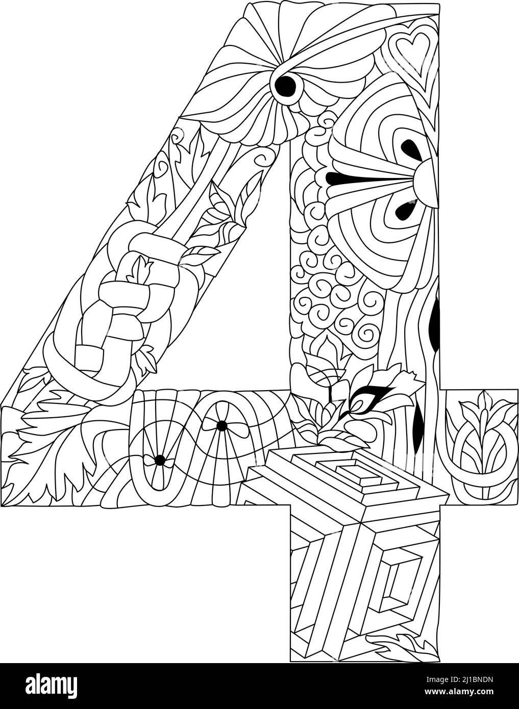 Four number Isolated zentangle illustration for coloring Stock Vector