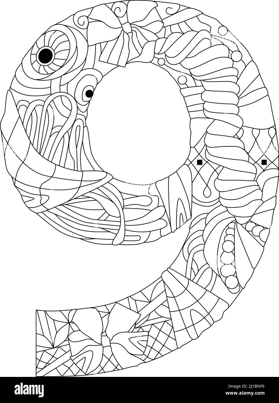 Nine number Isolated zentangle illustration for coloring Stock Vector