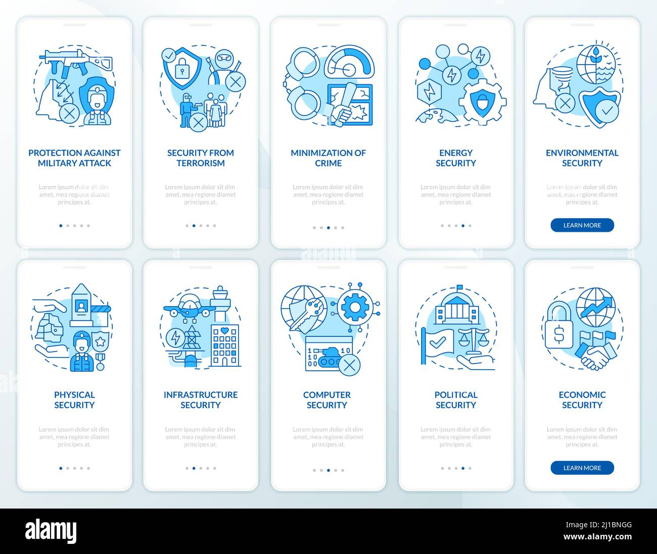 National and international safety blue onboarding mobile app screen set ...