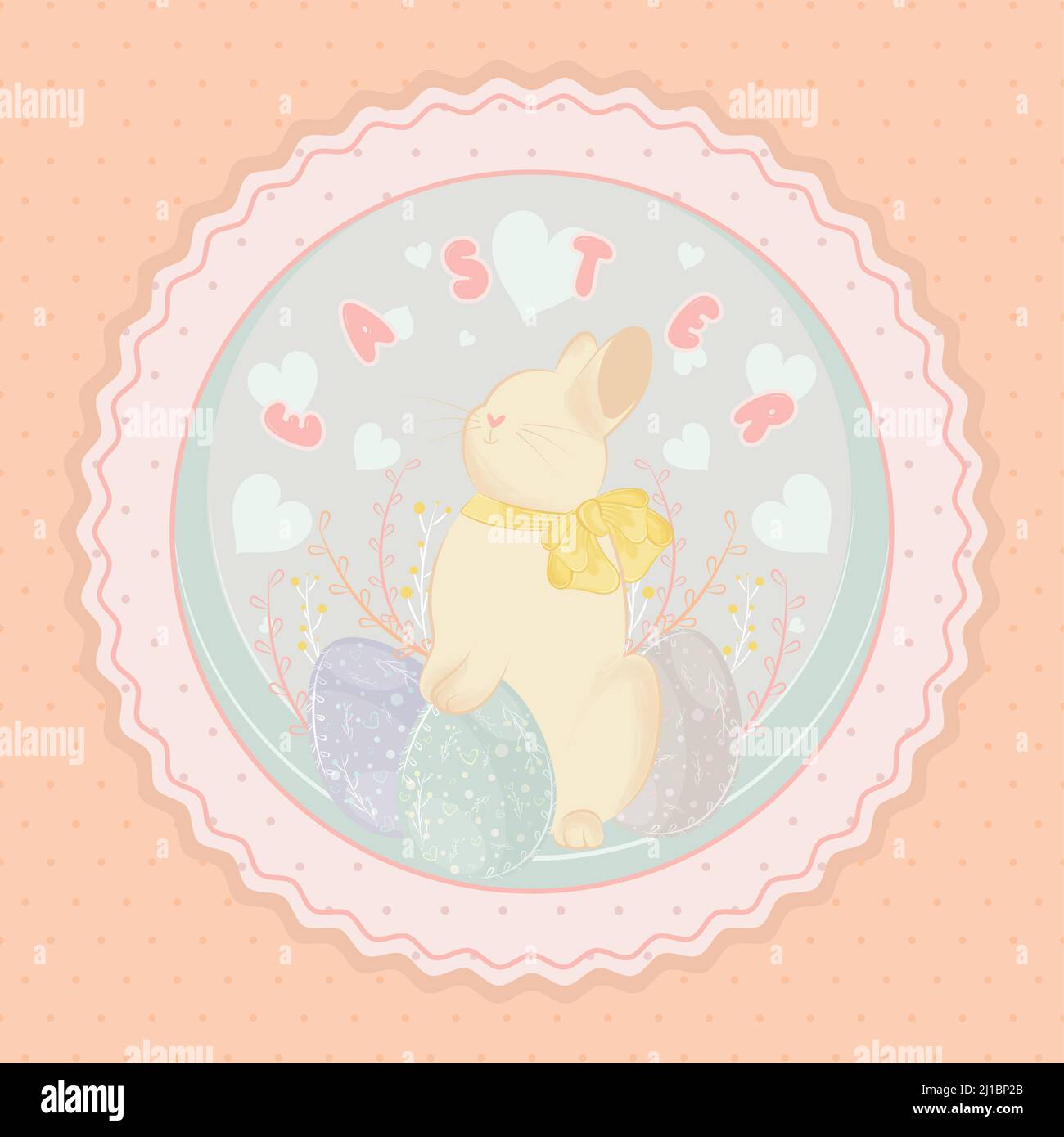 Cute rabbit with easter eggs on a pastry colored label Easter Vector Stock Vector