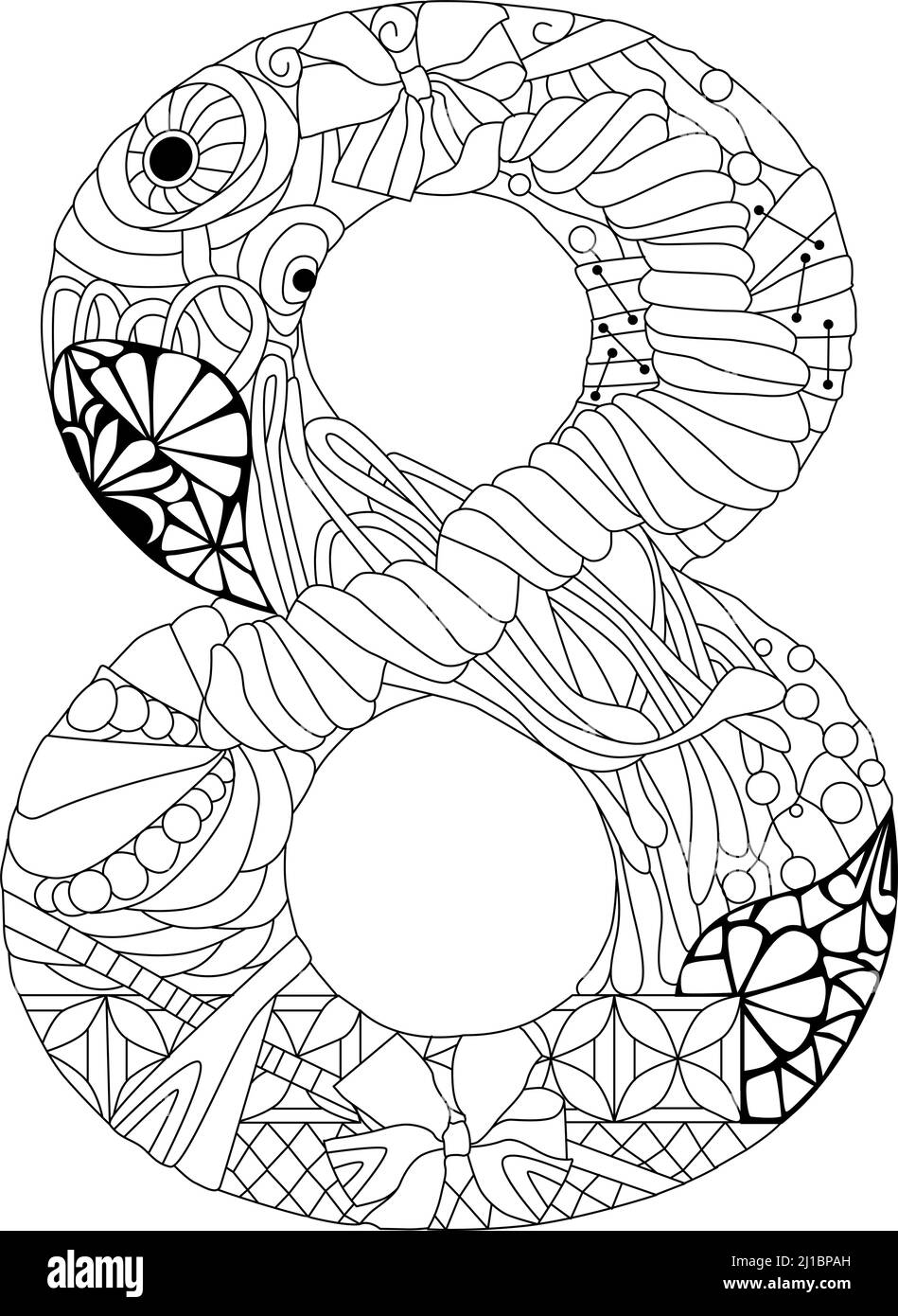 Eight number Isolated zentangle illustration for coloring Stock Vector