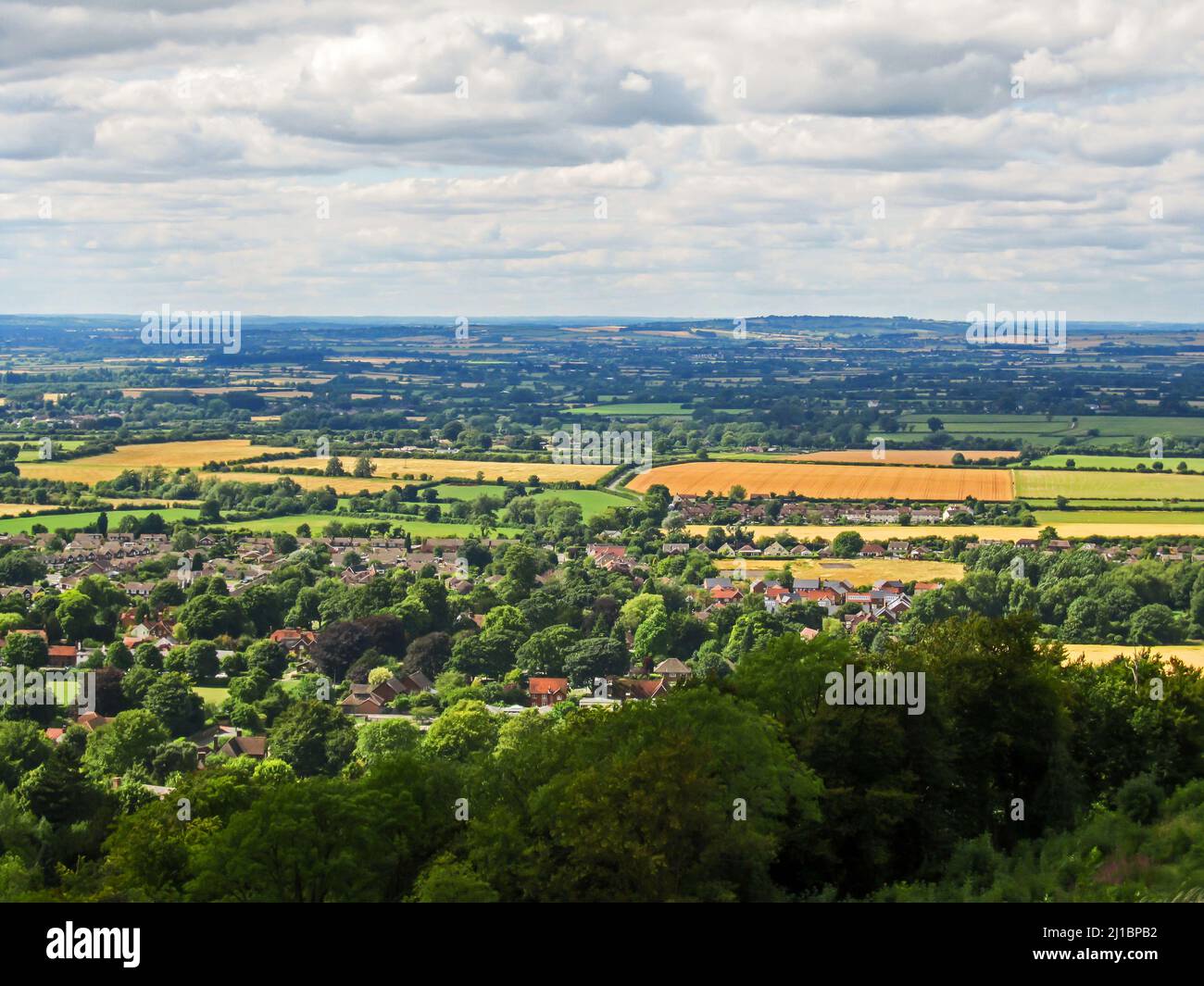 View over small villages and farms of Rural England, as seen from the escarpment of the Chiltern Hills, Southern UK Stock Photo