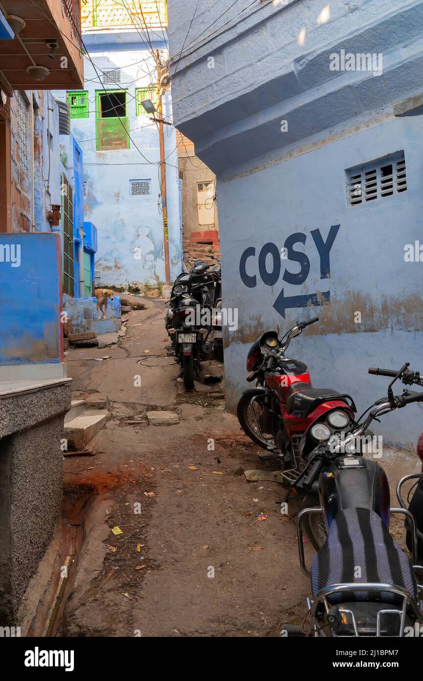 Jodhpur, Rajasthan, India - October 21st, 2019 : Traditional Blue coloured house. Blue is symbolic for Hindu Brahmins, being upper caste. Stock Photo