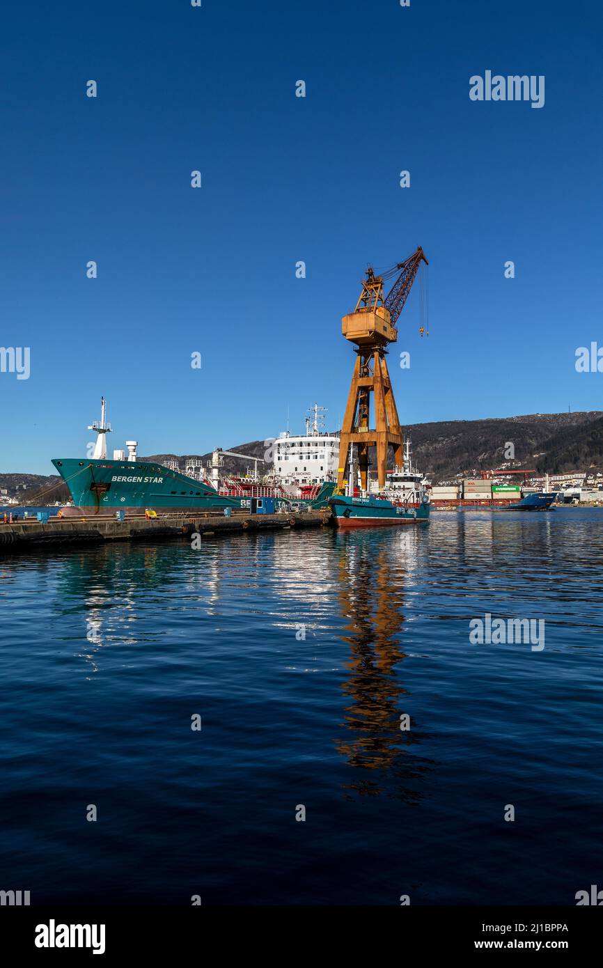 The  old BMV shipyard at Laksevaag, near port of Bergen, Norway. Oil tanker Bergen Star and small bunkering tanker Bergen Energy at the yard Stock Photo